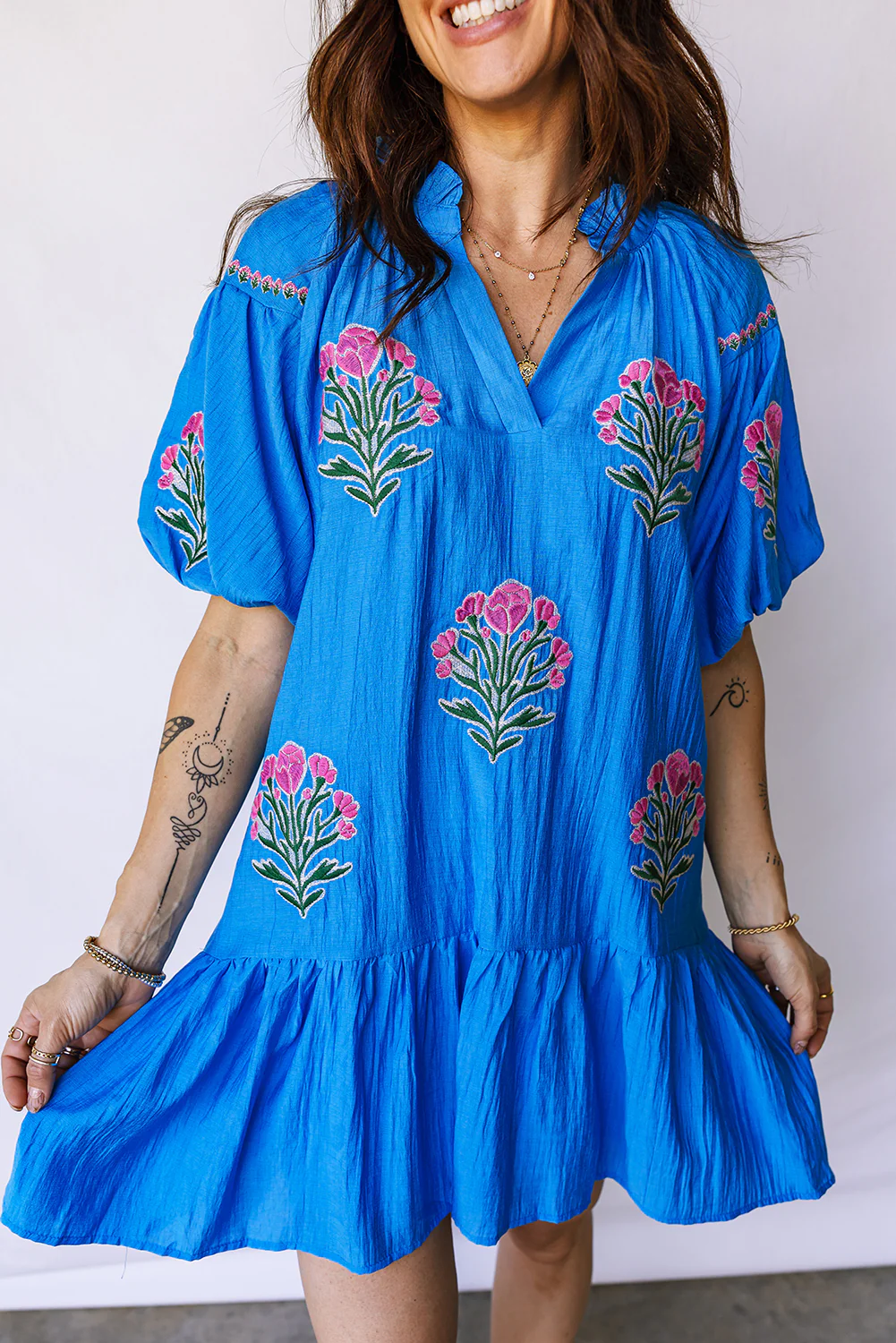 Blue Flower Embroidered Split Neck Short Sleeve Ruffle Hem Dress