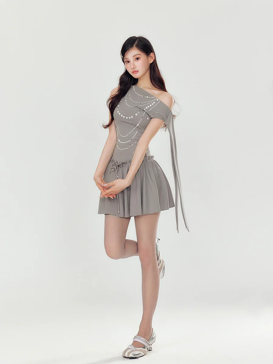 Off-Shoulder Pearl and Rhinestone Puff Dress