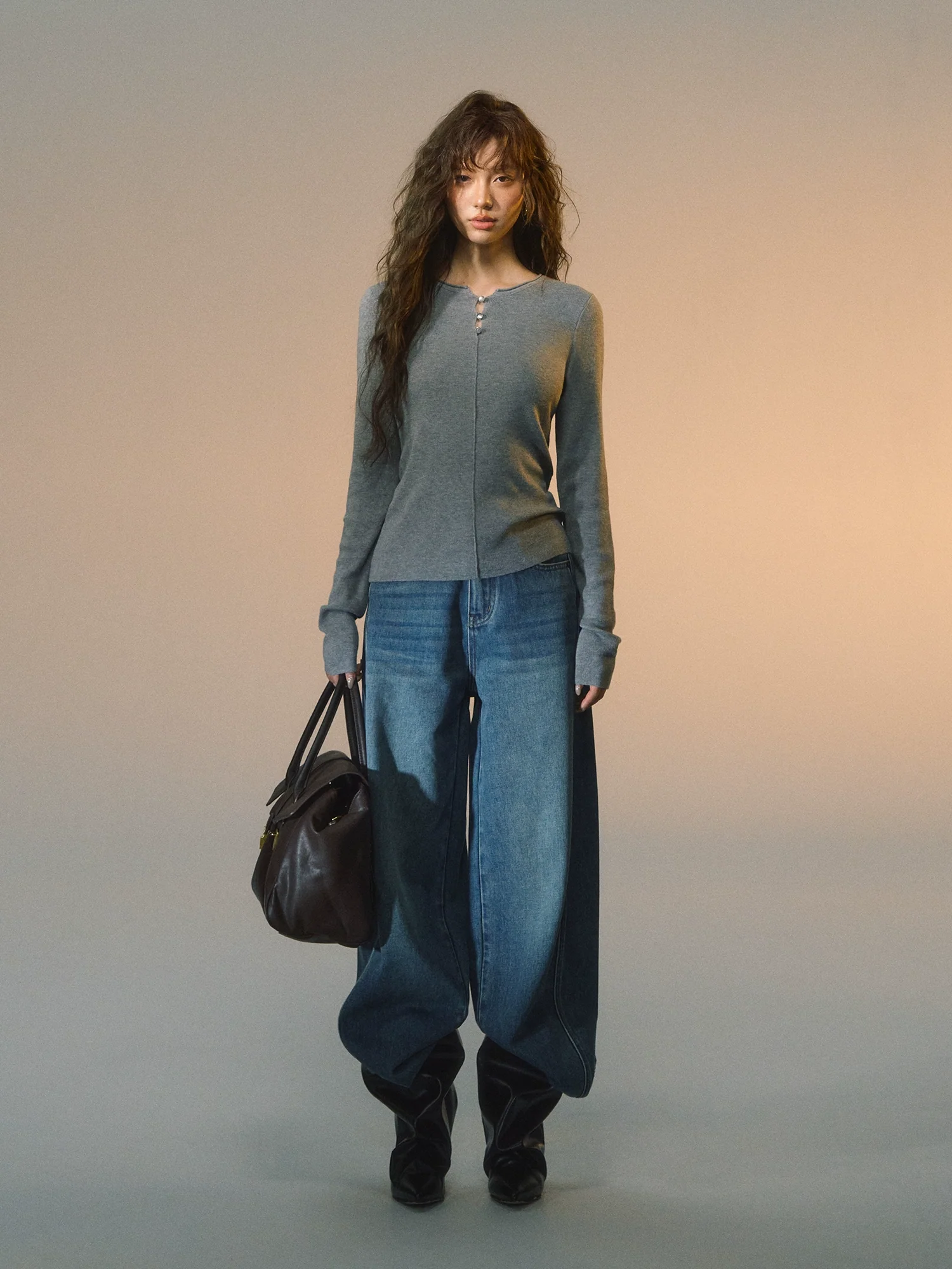 Striped Button-Up Knit Crewneck