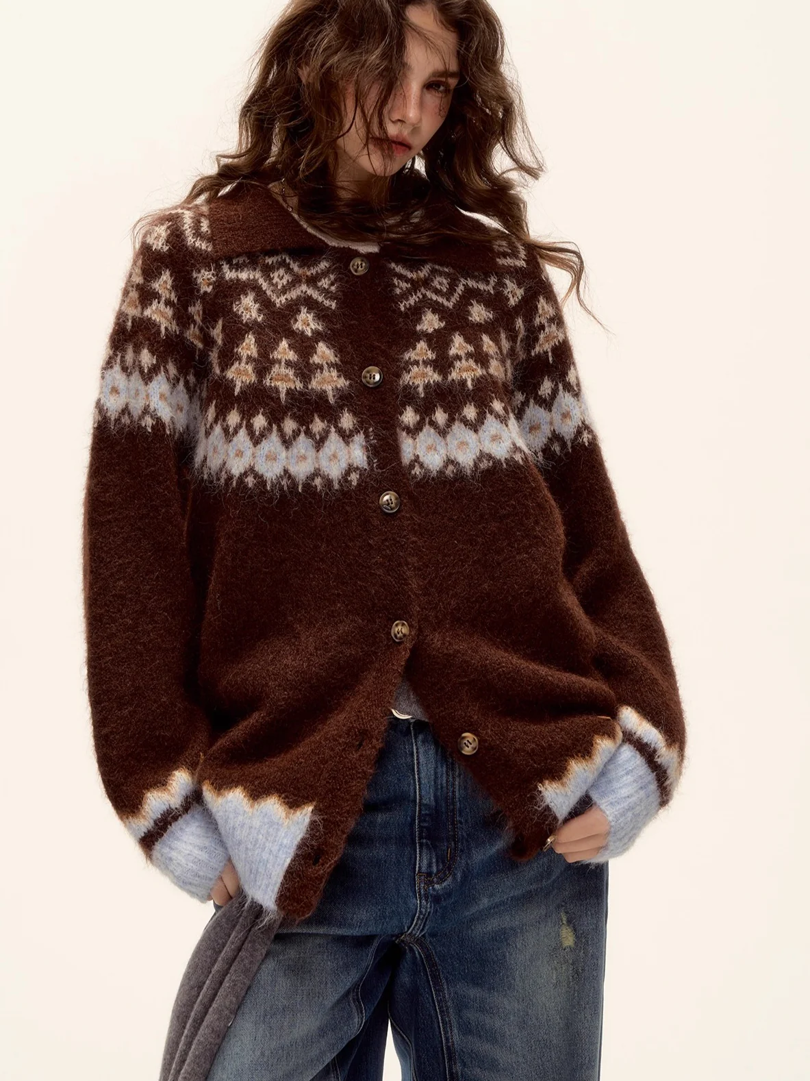 Wool Blend Fair Isle Button-Up Cardigan