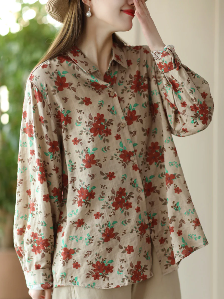 Floral Printed Loose Casual Long-Sleeved Cotton Linen Shirt
