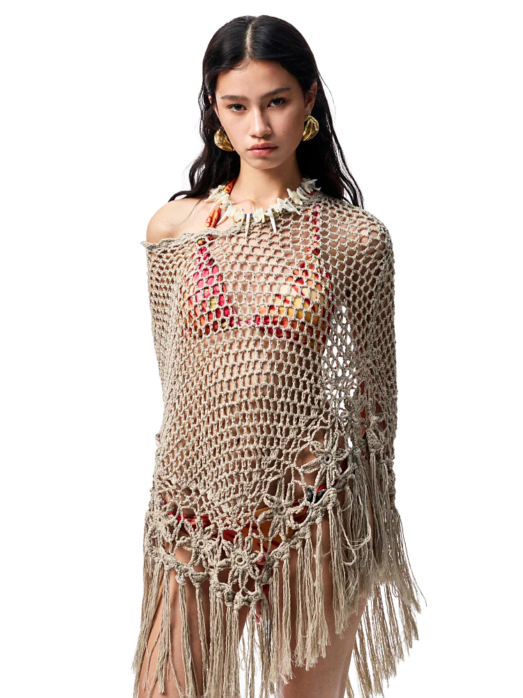 Hollow Out One-Piece Fringed Knit Shrug