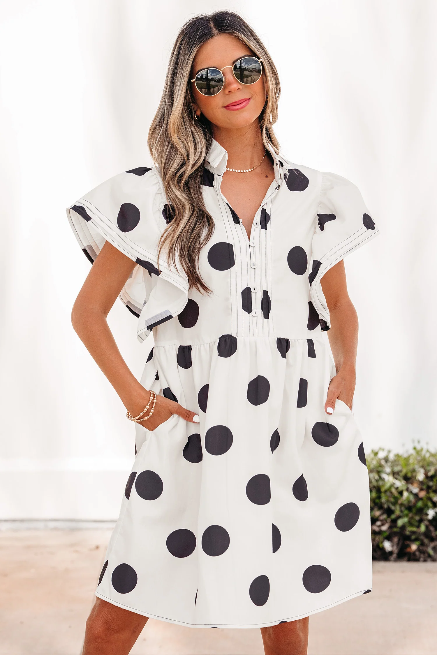 Polka Dot Print Half Button Ruffled Short Sleeve Loose Mini Dress