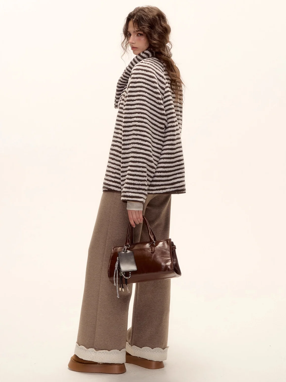Embroidered Hem Wool Blend Wide-Leg Trousers