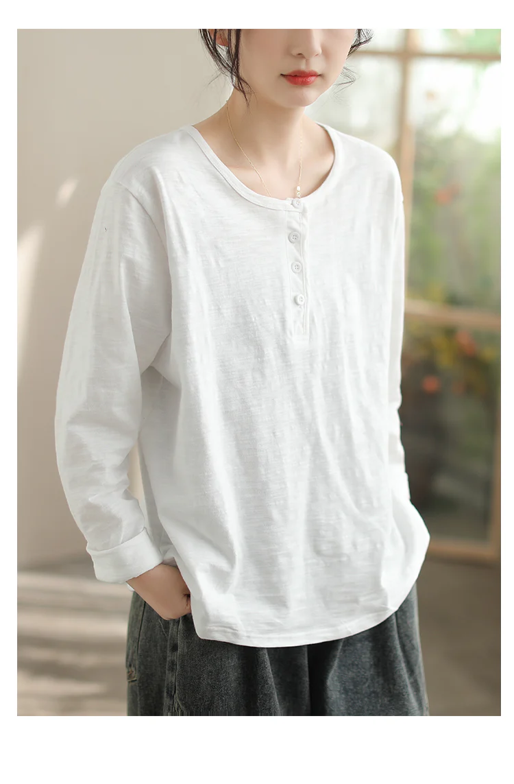 Women Solid Color  Long-Sleeved Slub Cotton T-shirt
