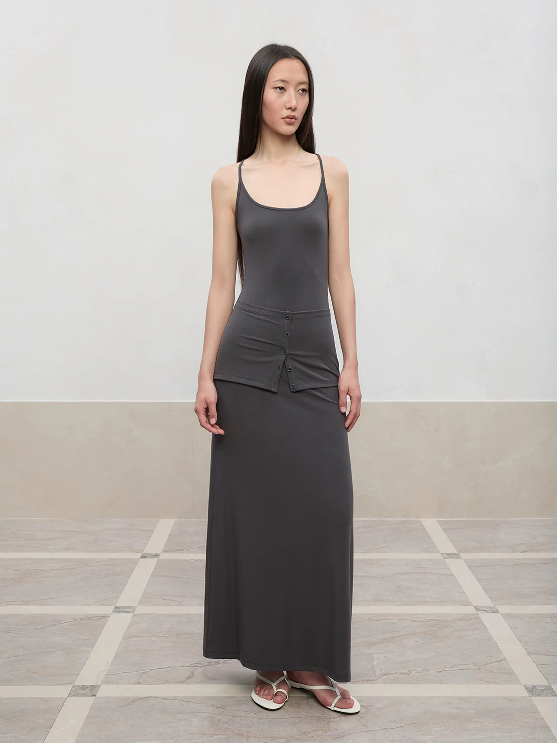 Deep U-Neck Button-Strapped Dress