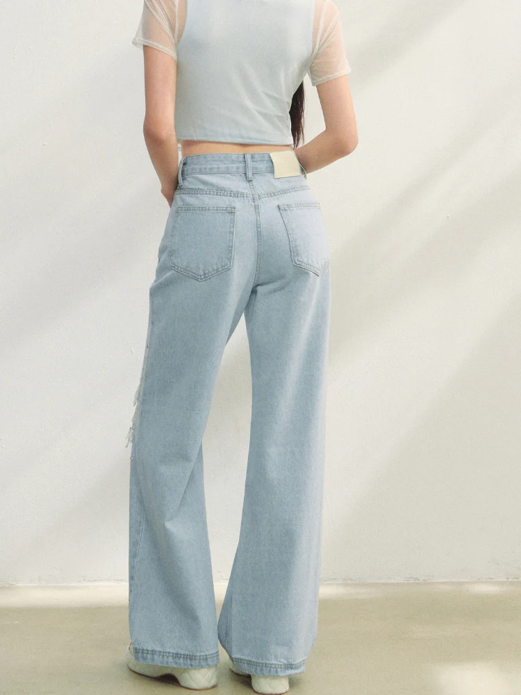 Lace-Trimmed Printed Rhinestone-Embellished Jeans