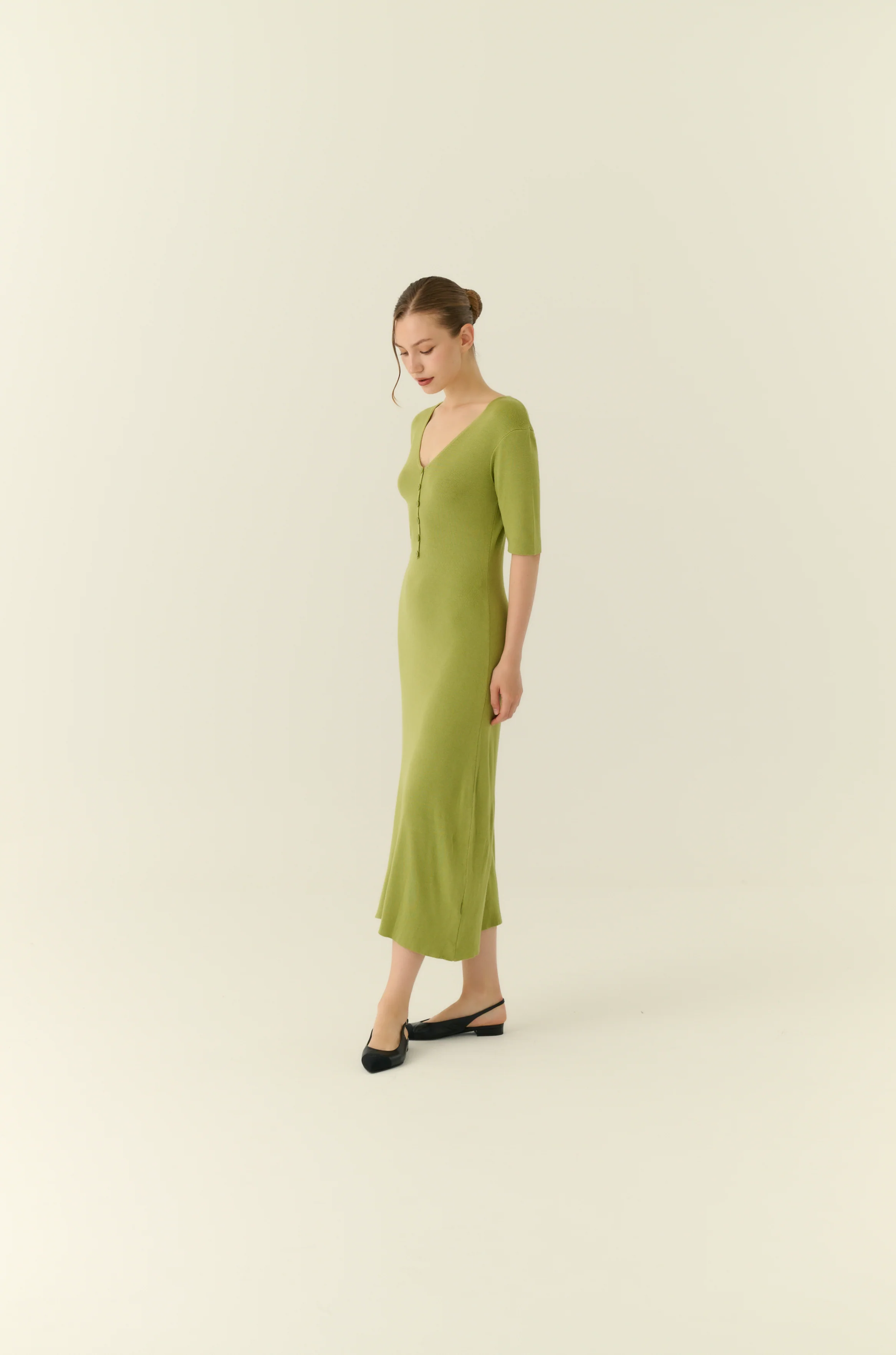 Soft touch button down knit dress in green