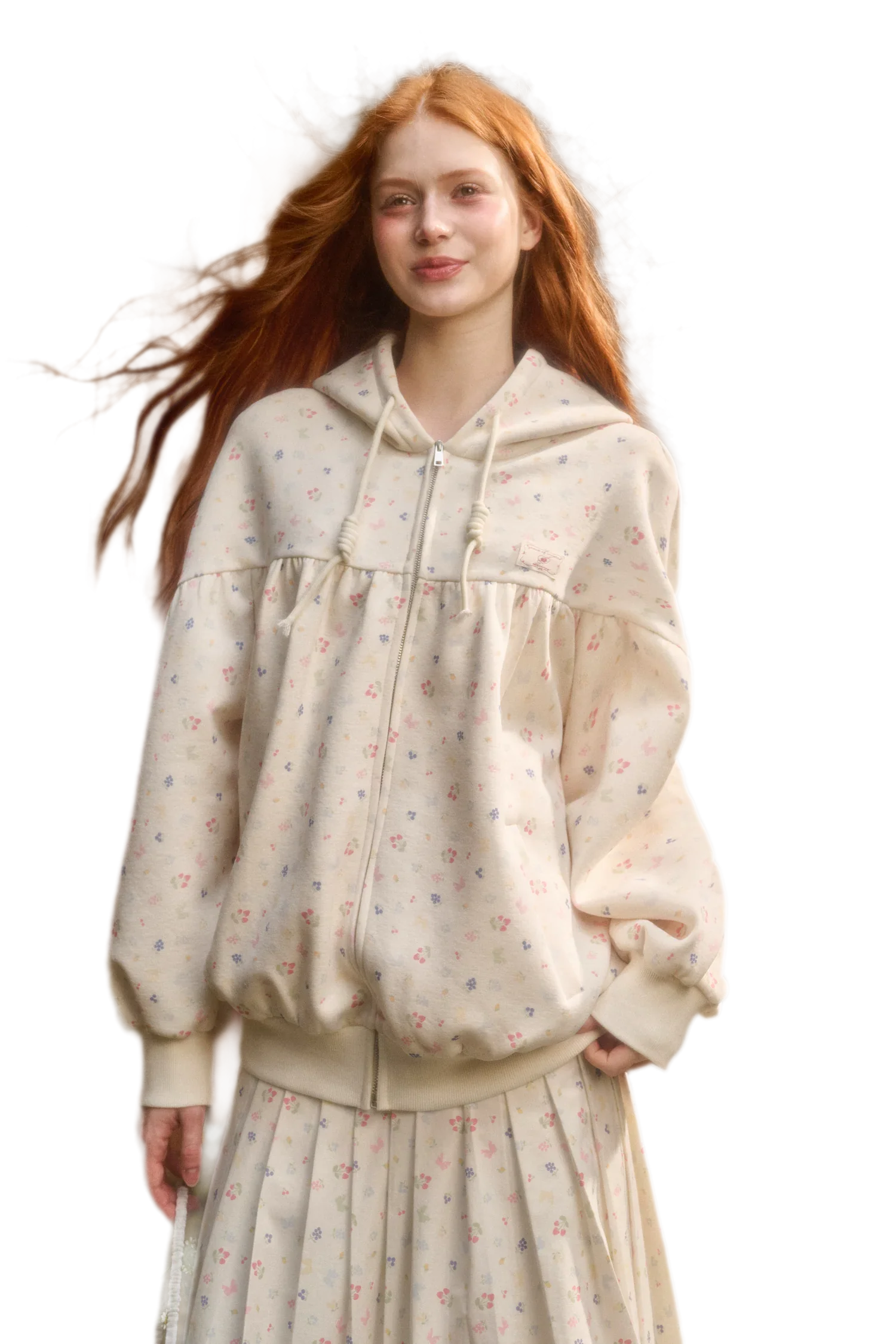 Printed Hooded Sweatshirt Pleated Skirt