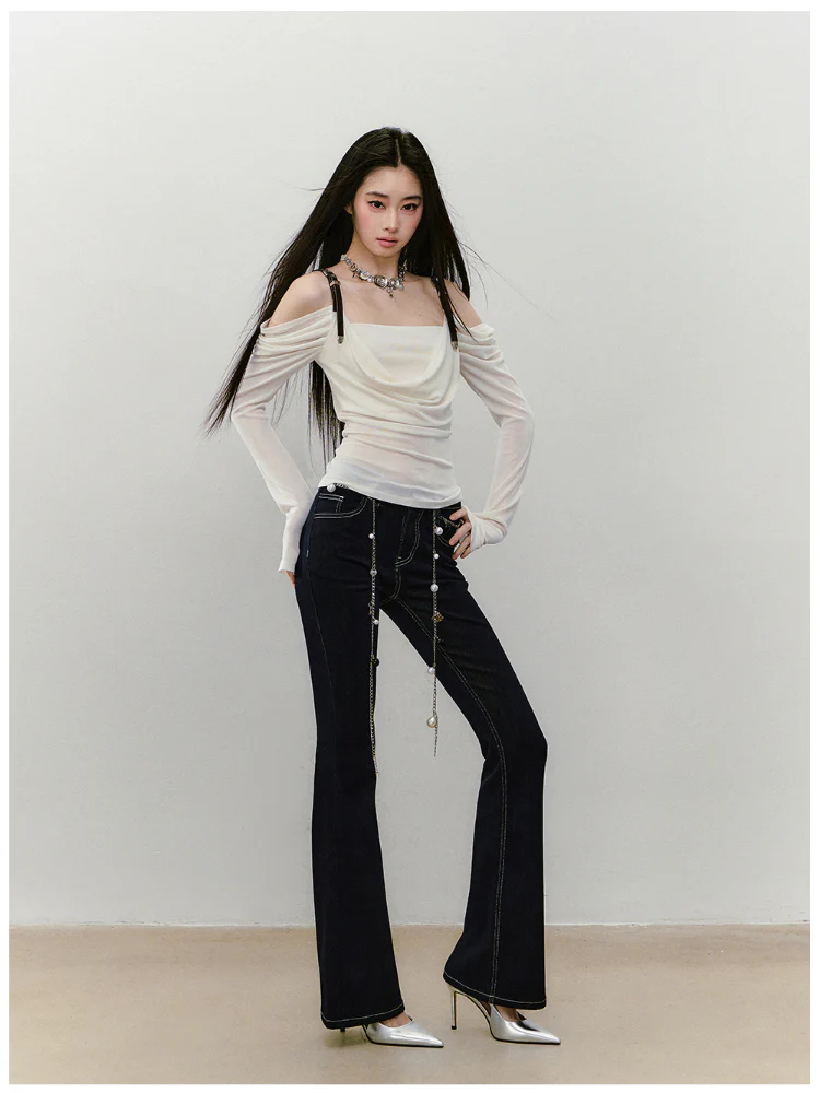 Draped Neck Leather Strap Acetate One-shoulder T-shirt