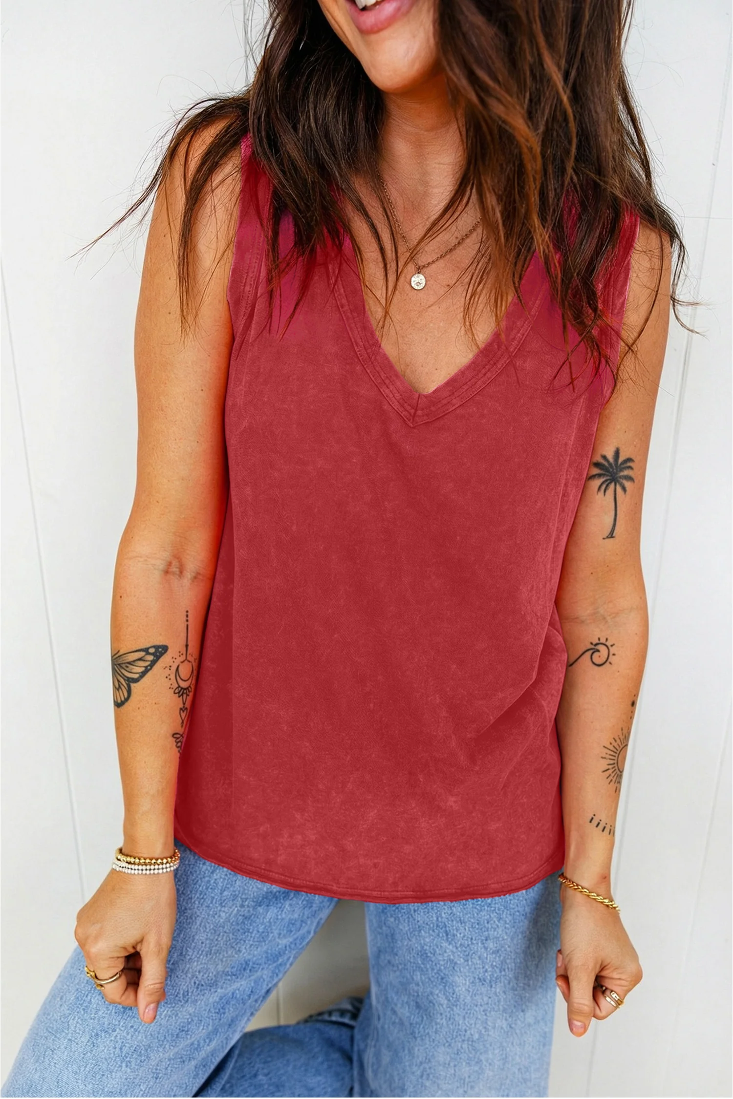 Summer Red Mineral Wash V Neck Tank Top