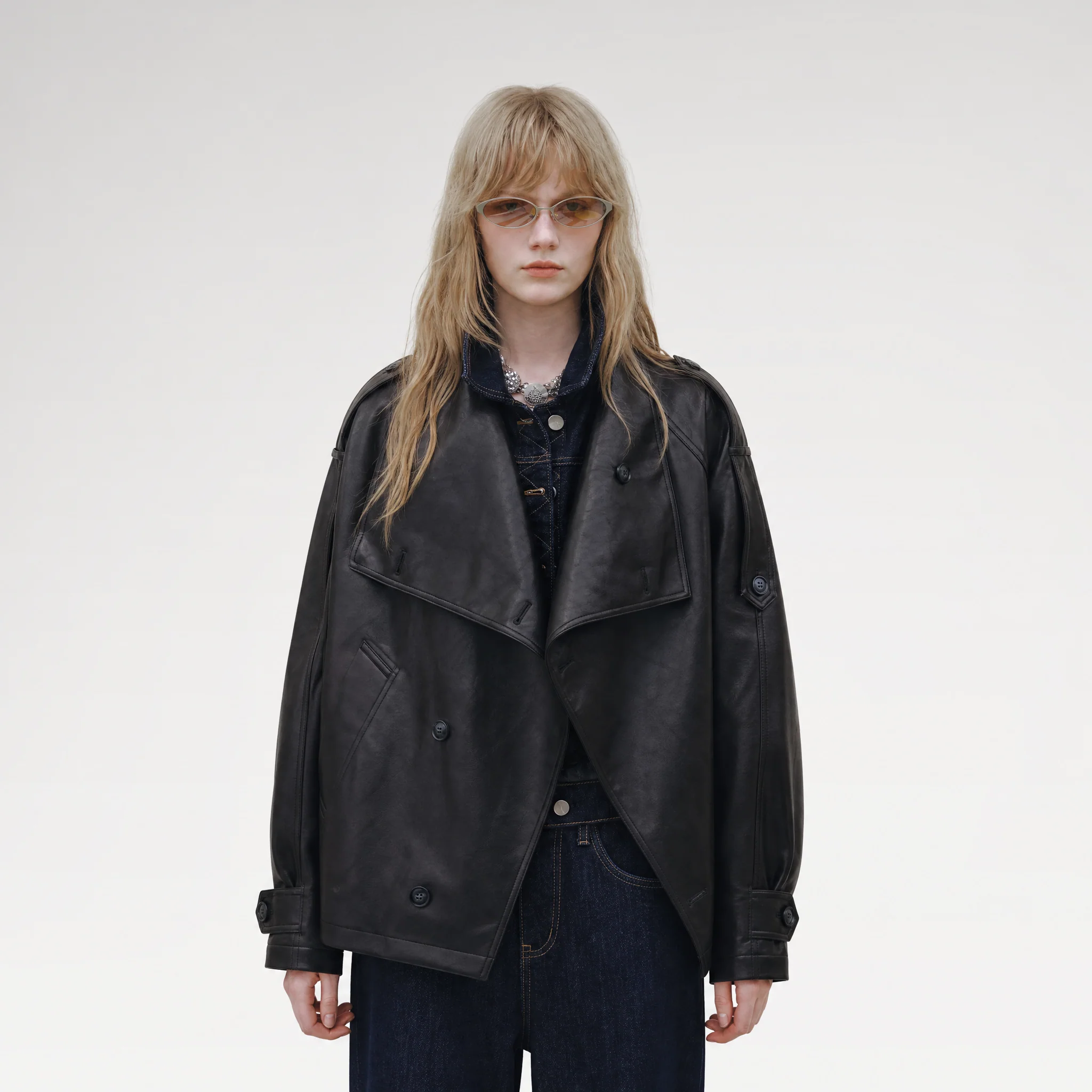 Faux-Leather Oversized Double-Breasted Jacket