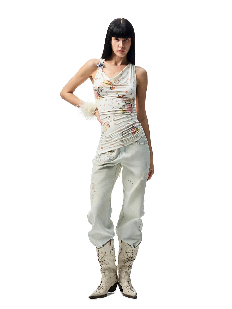 V-Neck Draped Collar Back Knot Tank Top