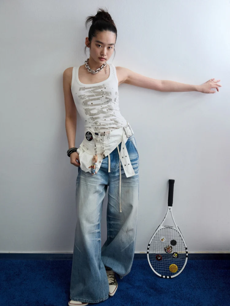 Light Blue Mud-Dyed Badge Wide-Leg Jeans