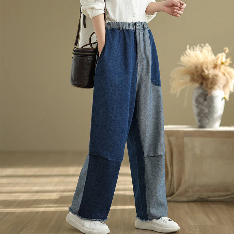Women Spring Vintage Patchwork Denim Loose Wide-Leg Pants