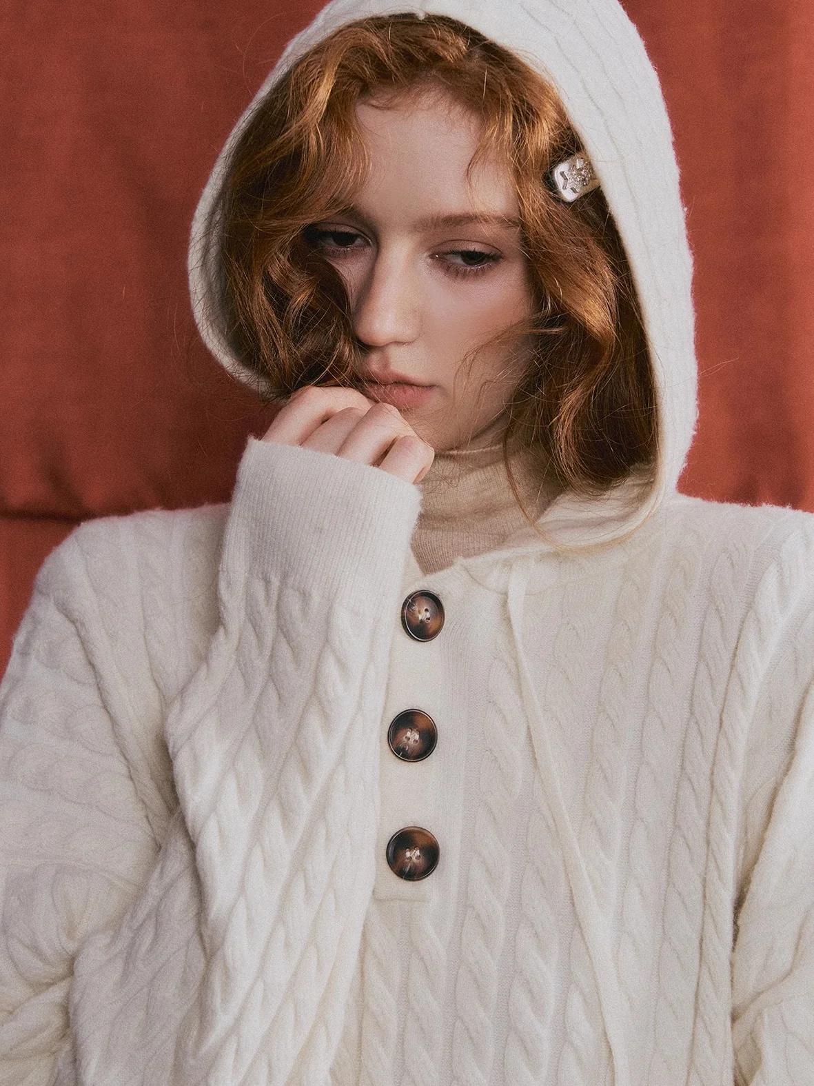 Wool Blend Cable Knit Hoodie & Wide-Leg Pants Set