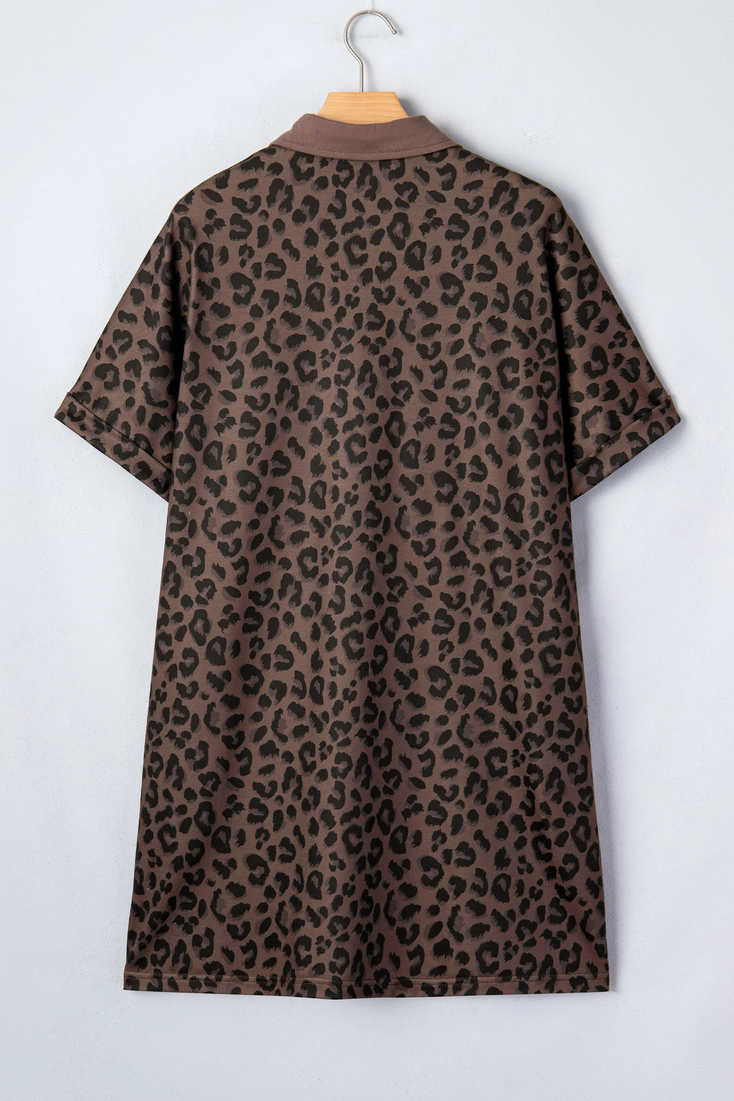 Brown Leopard Print Contrast Collar V-Neck Casual Mini Dress