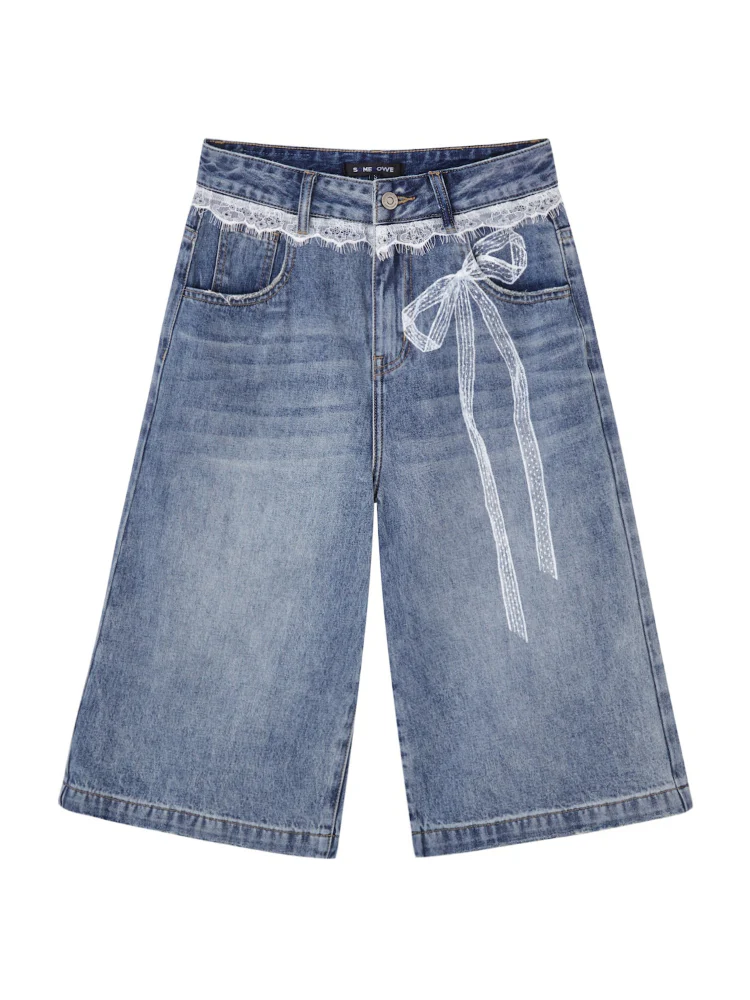 Imitation-Lace Printed High-Waist Denim Mid-Length Pants