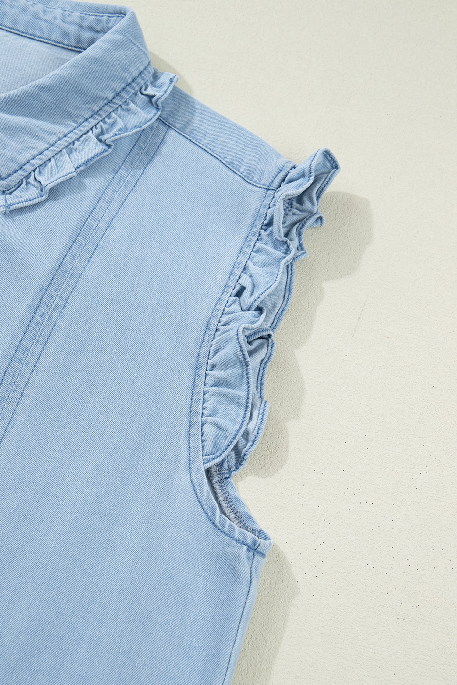 Chic Beau Blue Ruffled Edge Collared Shift Denim Dress with Pockets