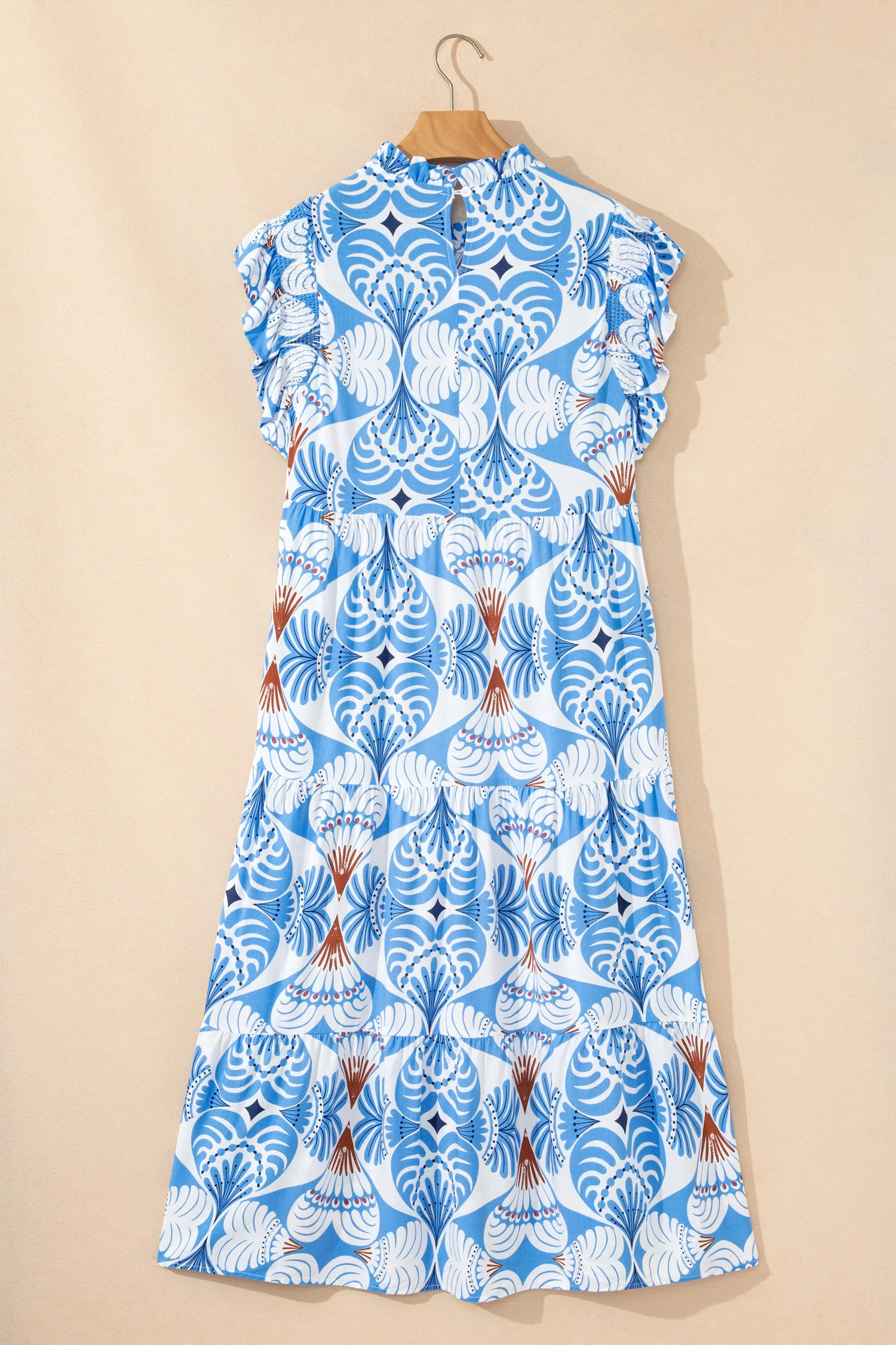 Sky Blue Tropical Botanic Print Flutter Sleeve Vacation Long Dress