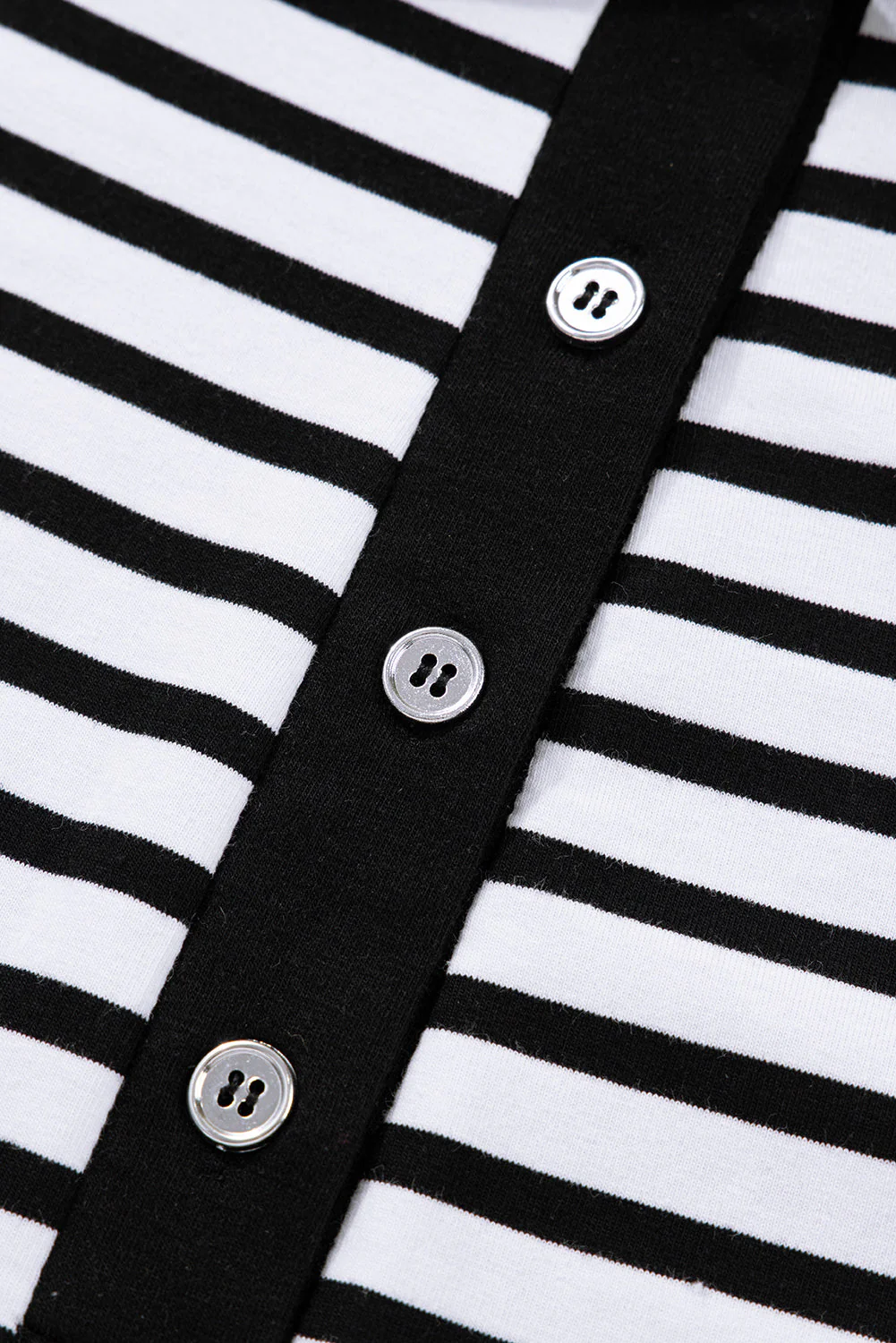 White Stripe Buttoned Front Collared Long Sleeve T Shirt Dress with Pockets