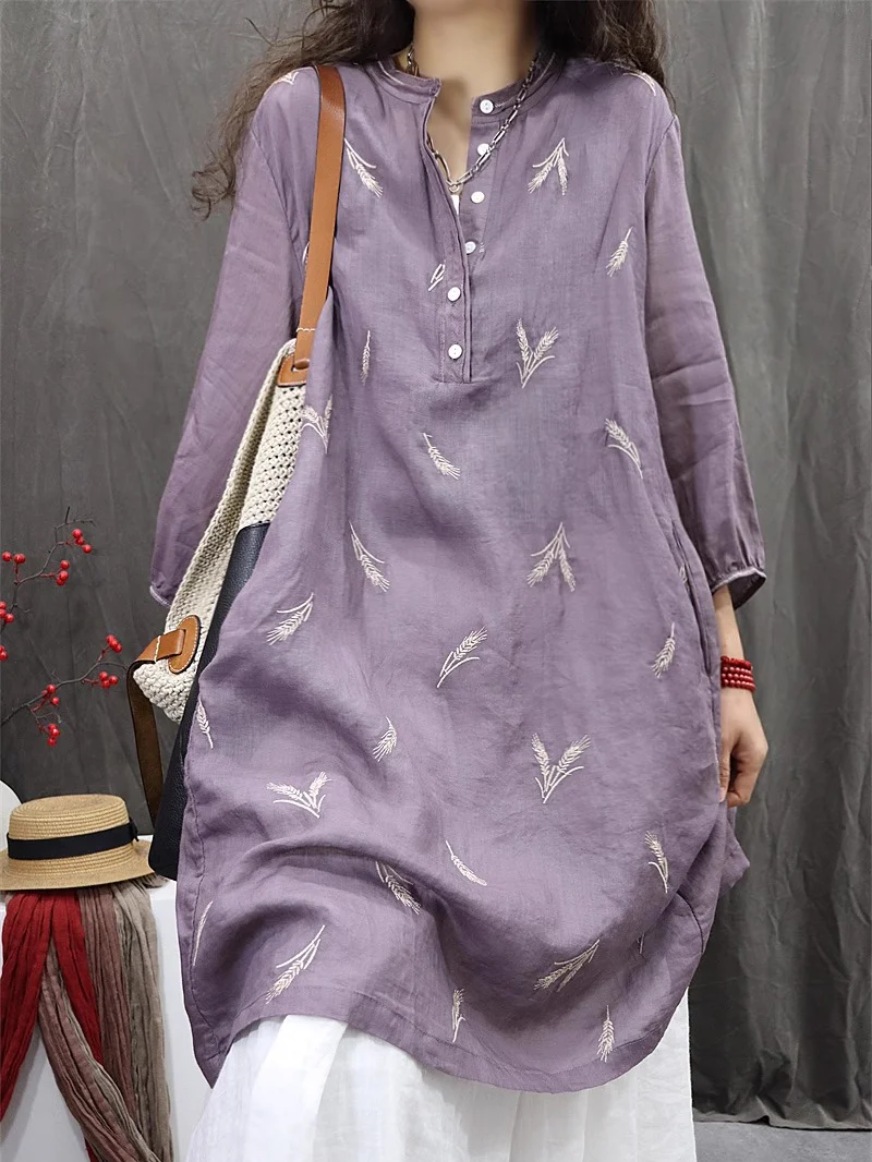 Spring Retro Cotton Linen Stand Collar Shirt