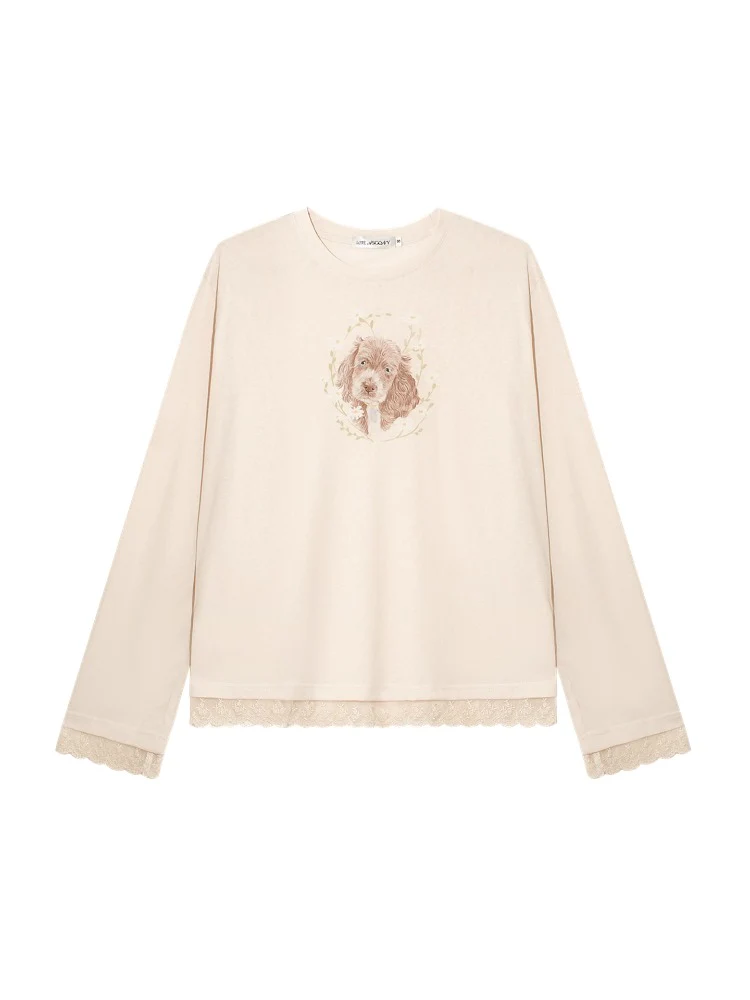 Lace Panel Animal Print Long-Sleeve Tee