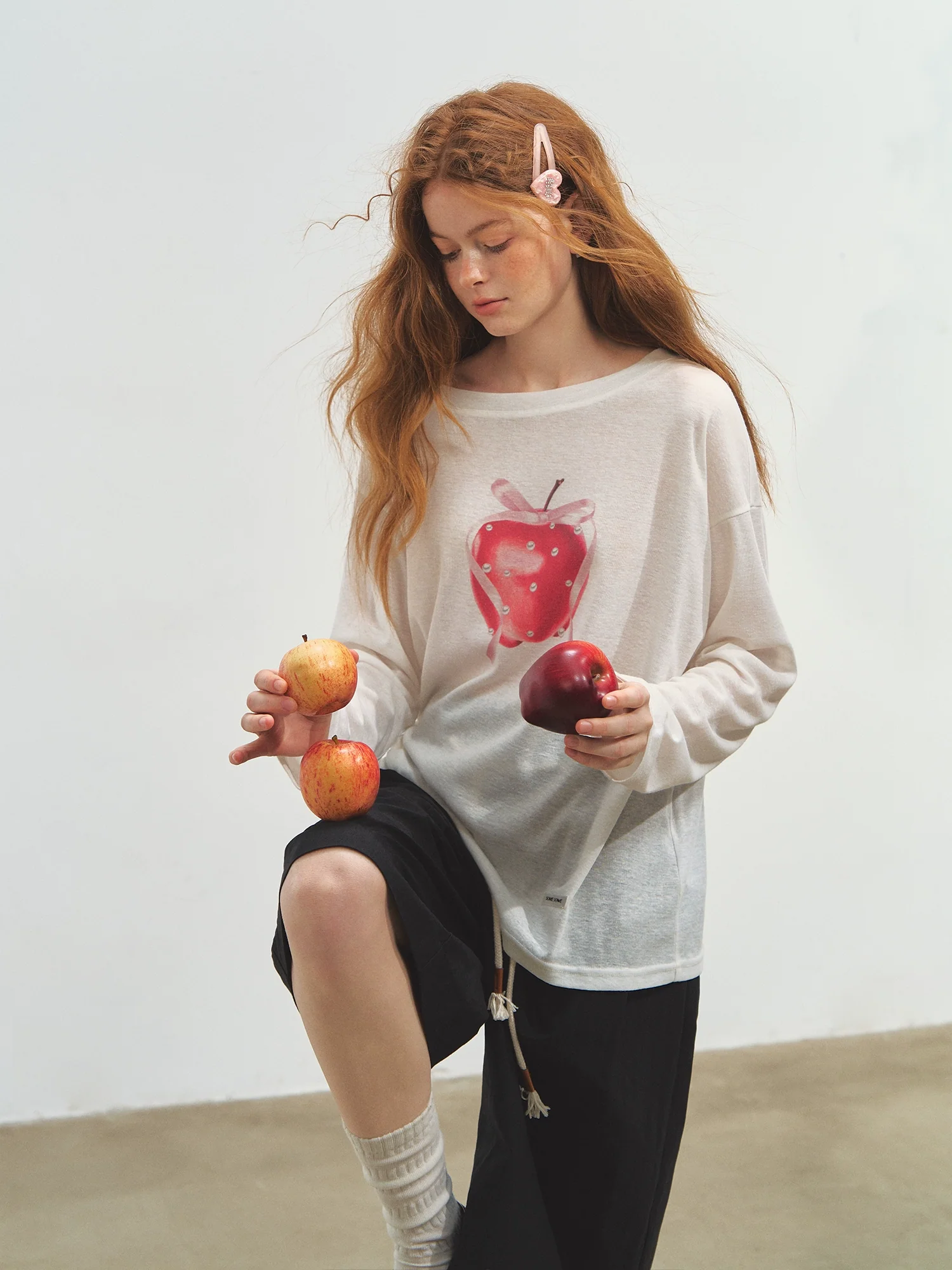 Printed Tie-Up Gauze Long-Sleeve T-Shirt