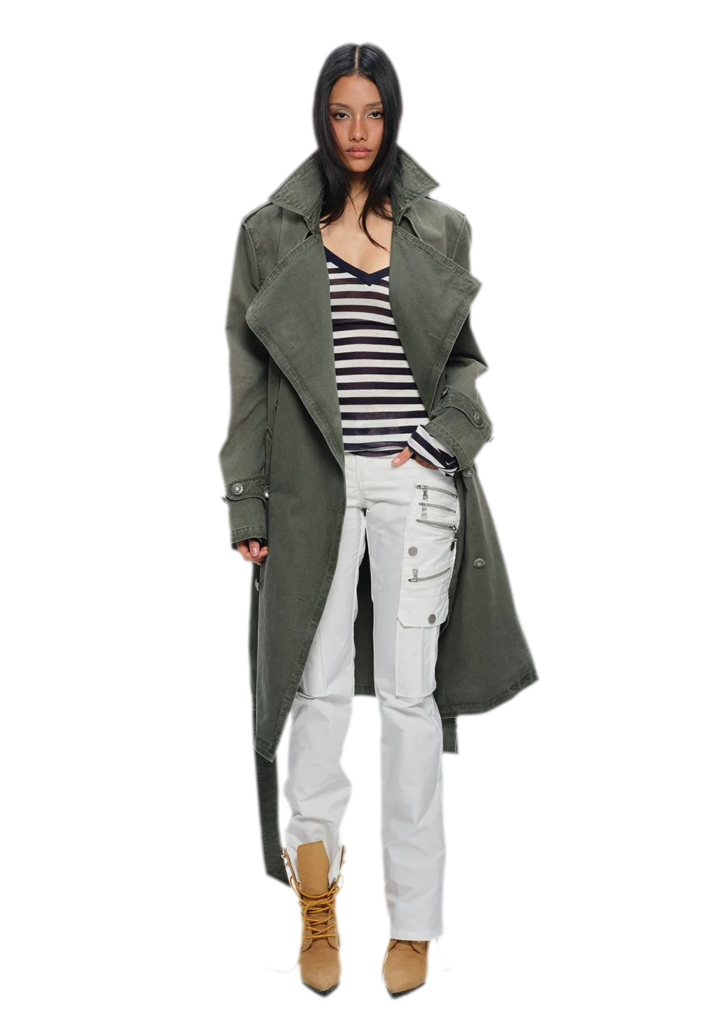 Washed Military Green Trench Coat