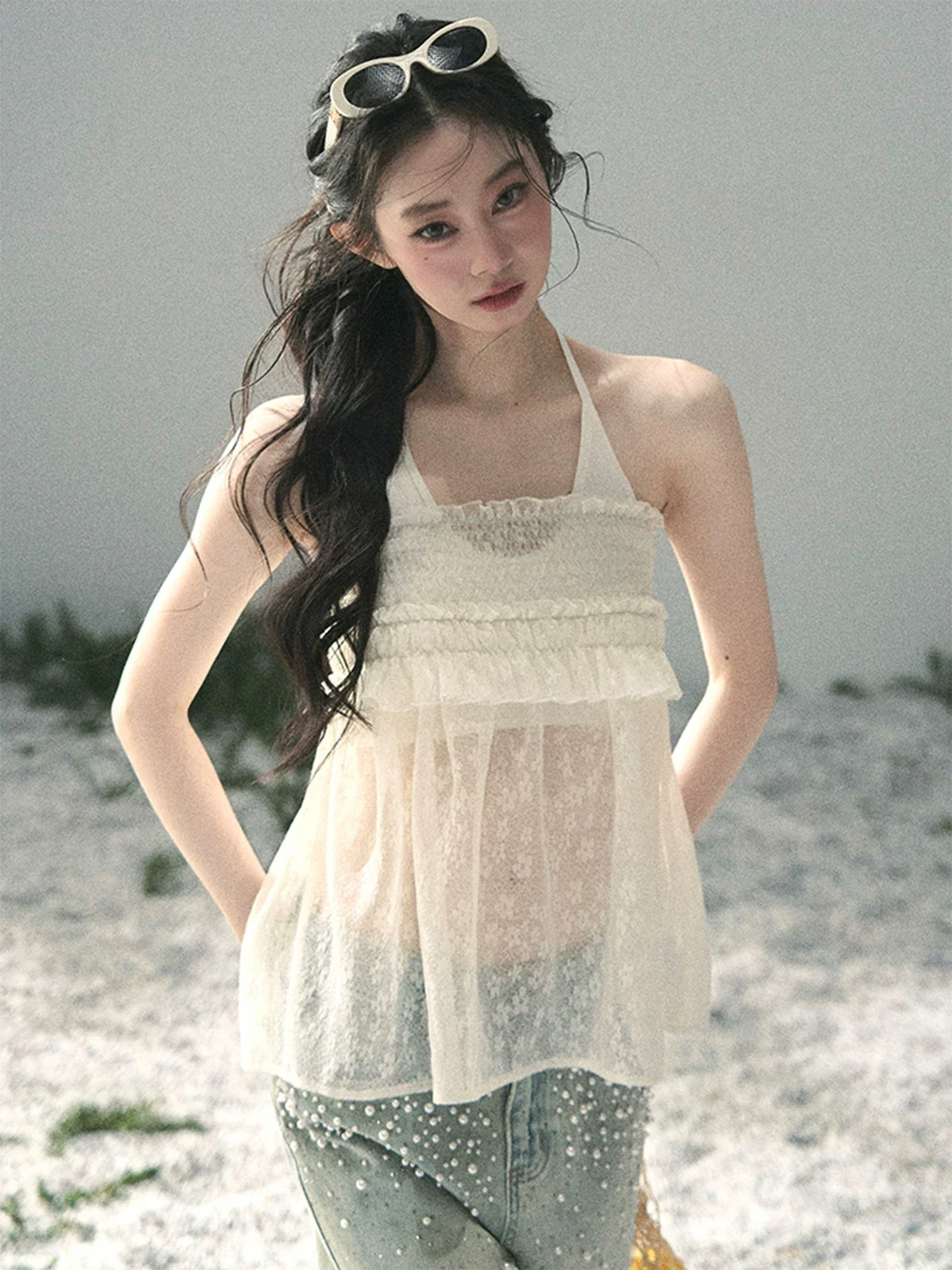 “Shattered Glass Veil” French Sheer Halter Lace Top
