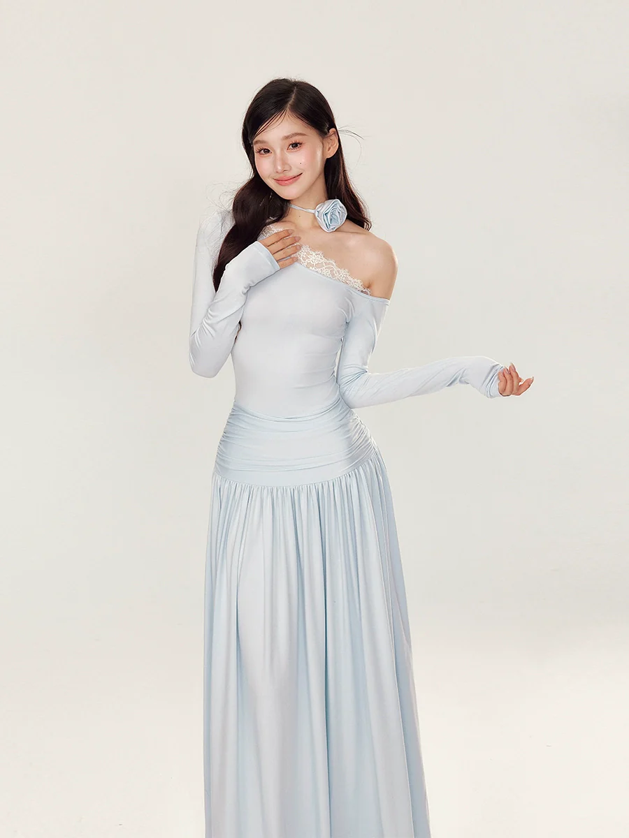 Off-Shoulder Asymmetrical Waist Pleated Dress