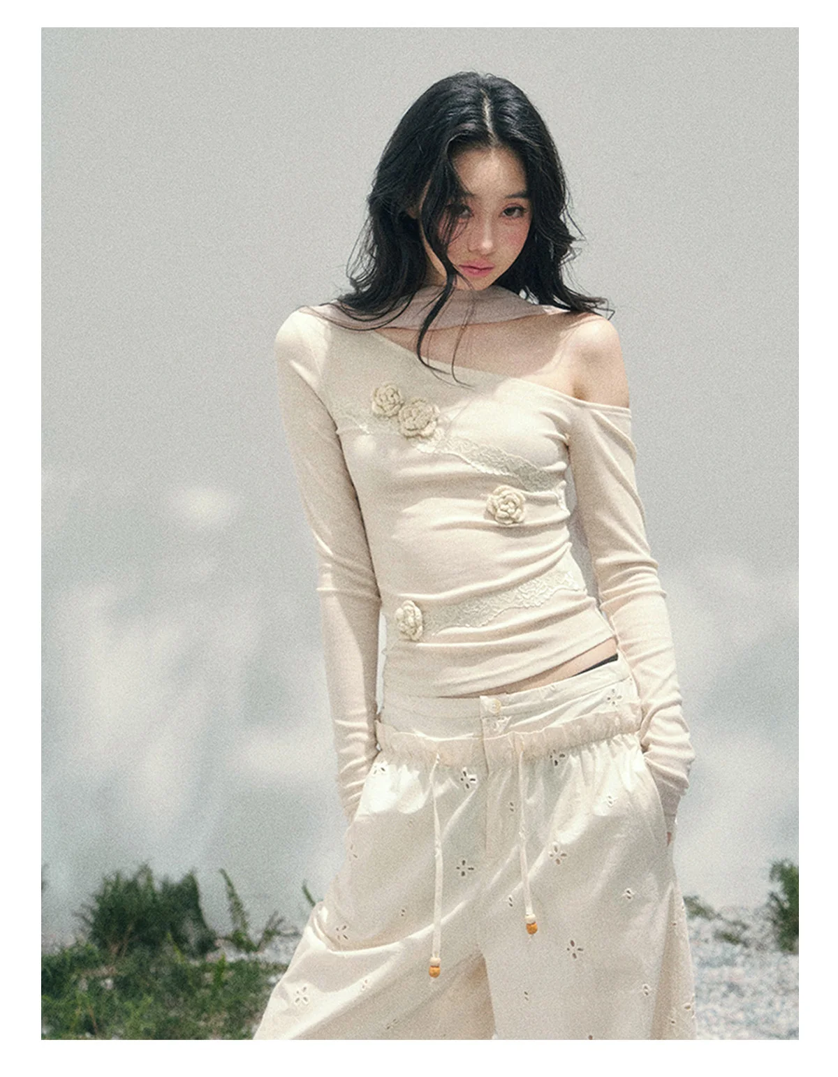 Coquette 3D Flower Asymmetric Lace Top