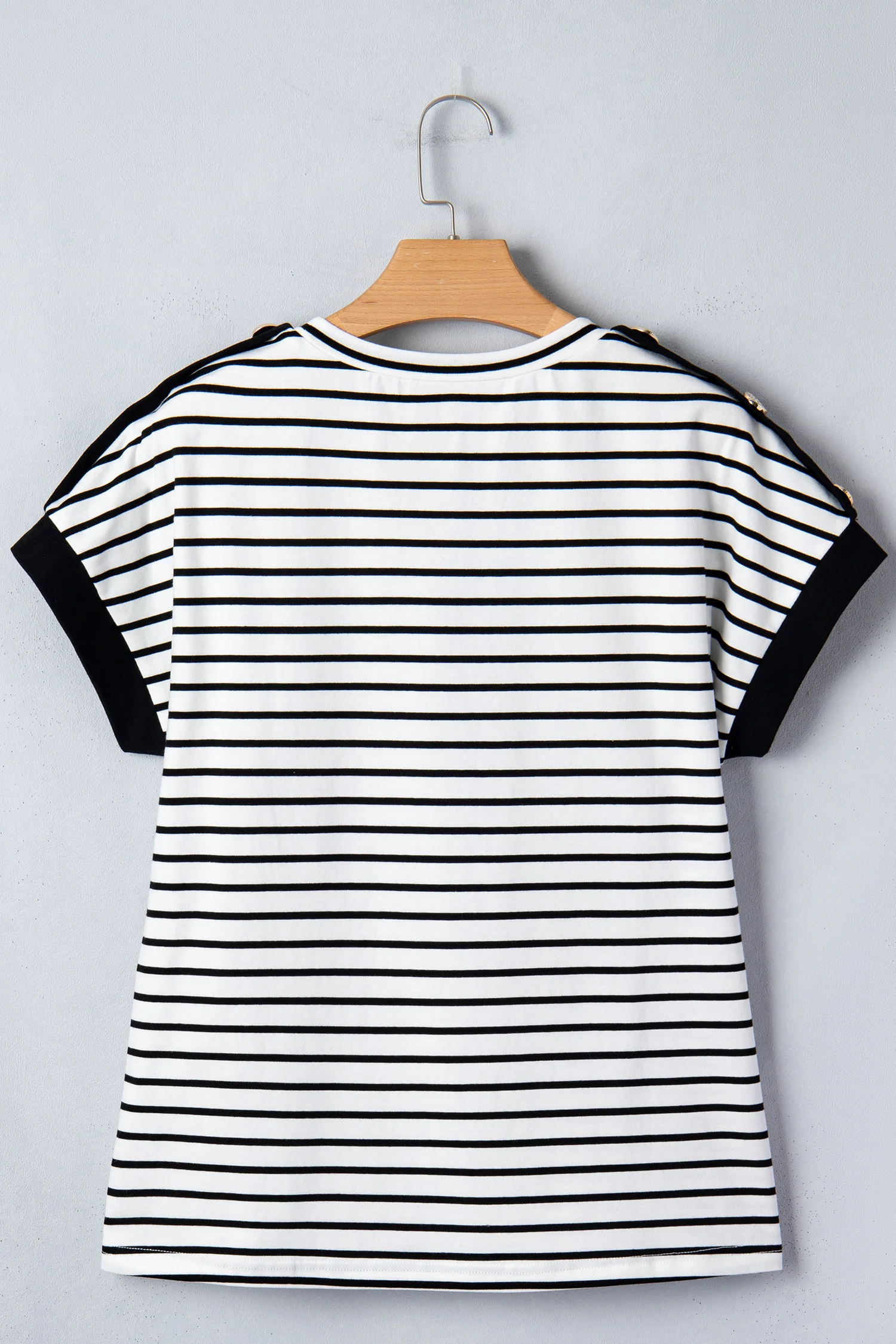 Black Stripe Cuffed Sleeve Button Detail Loose Tee