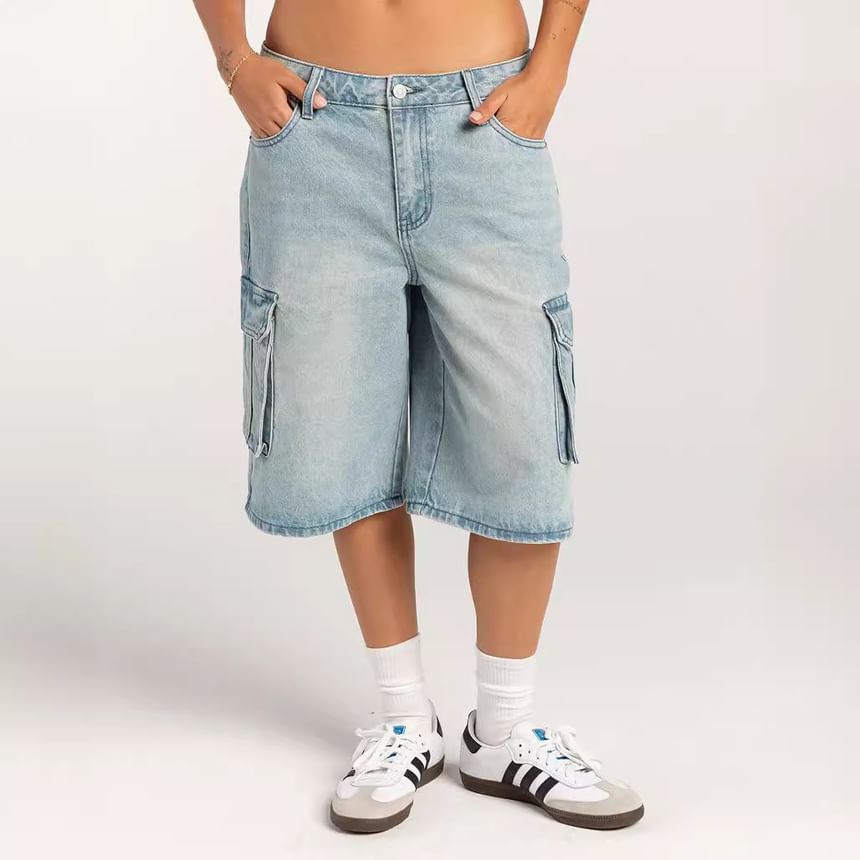Waist Washed Denim Shorts Wide-Leg Pocket Low