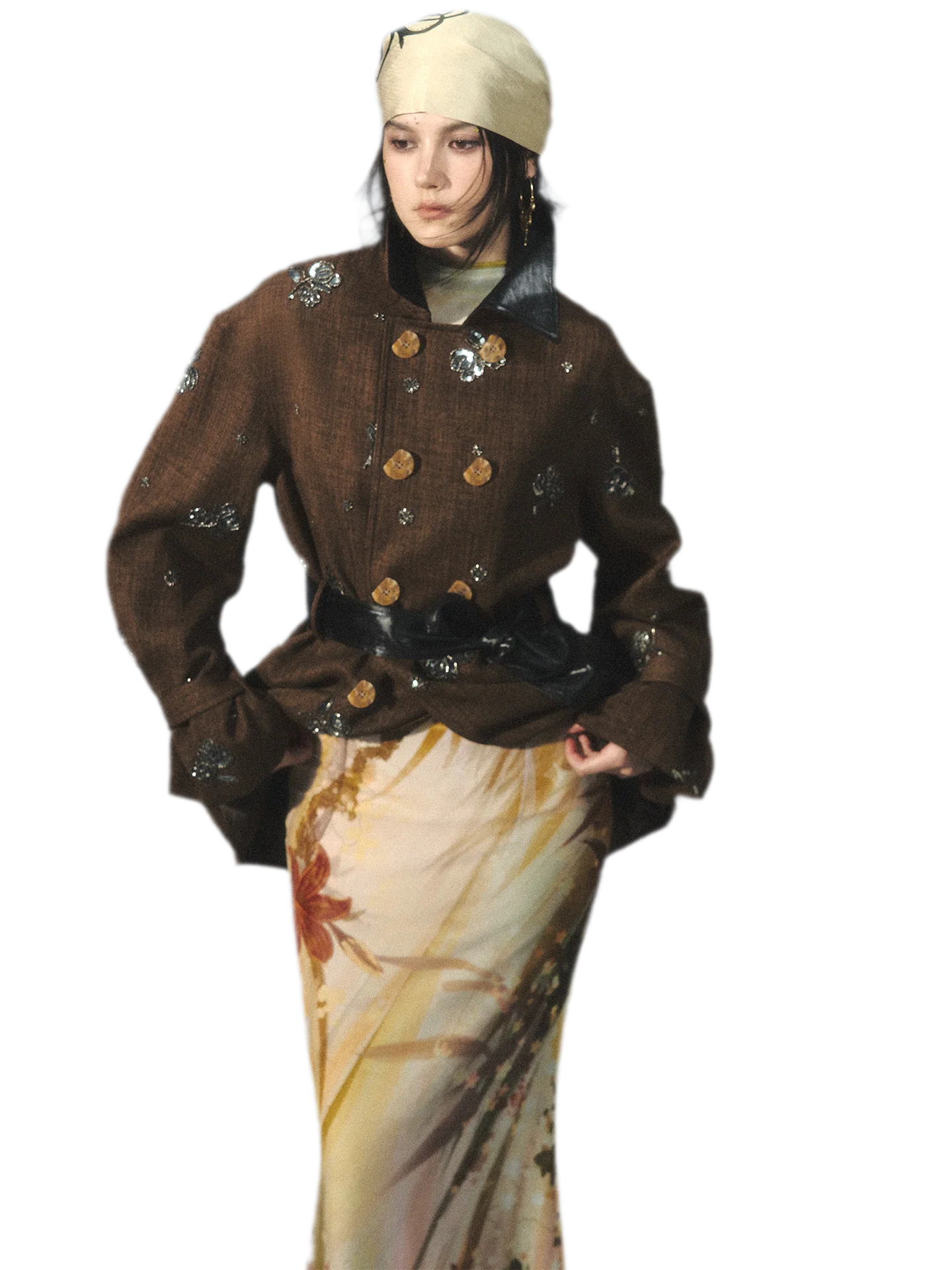Beaded Embroidered Leather-Trim Trench Coat