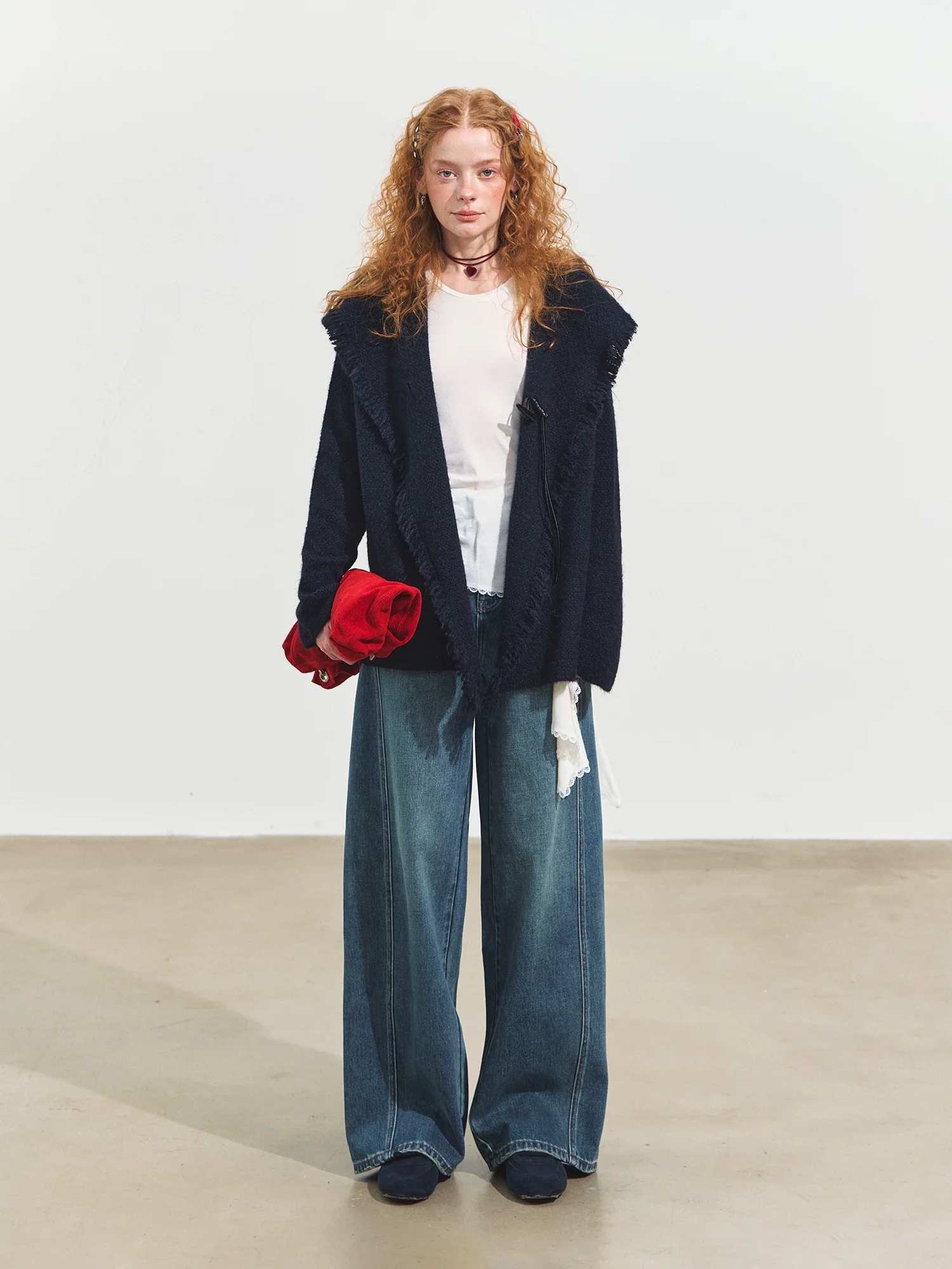 3D Seam Wide-Leg Crescent Denim Pants