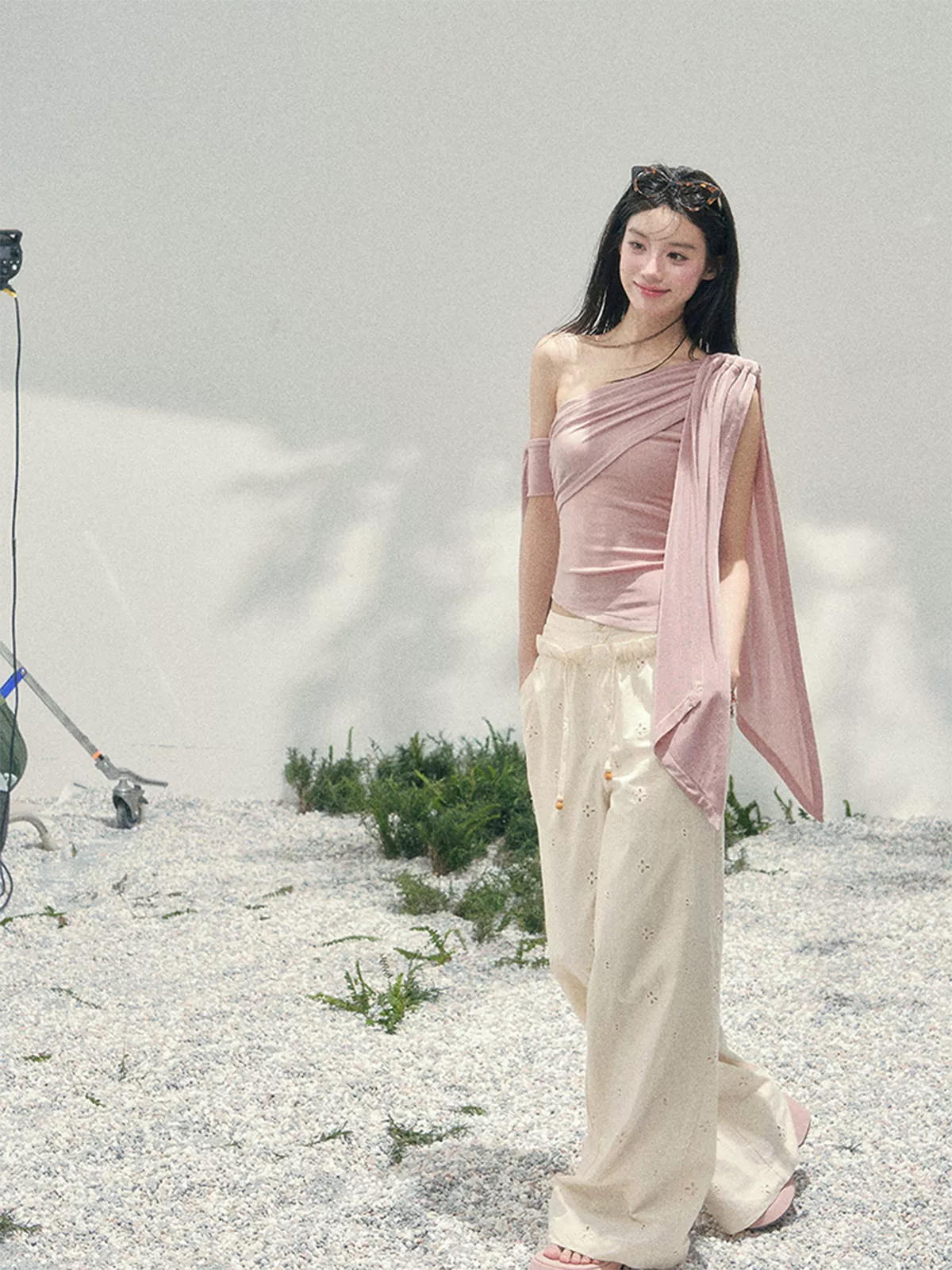 Coral Pink One-Shoulder Ribbon Blouse