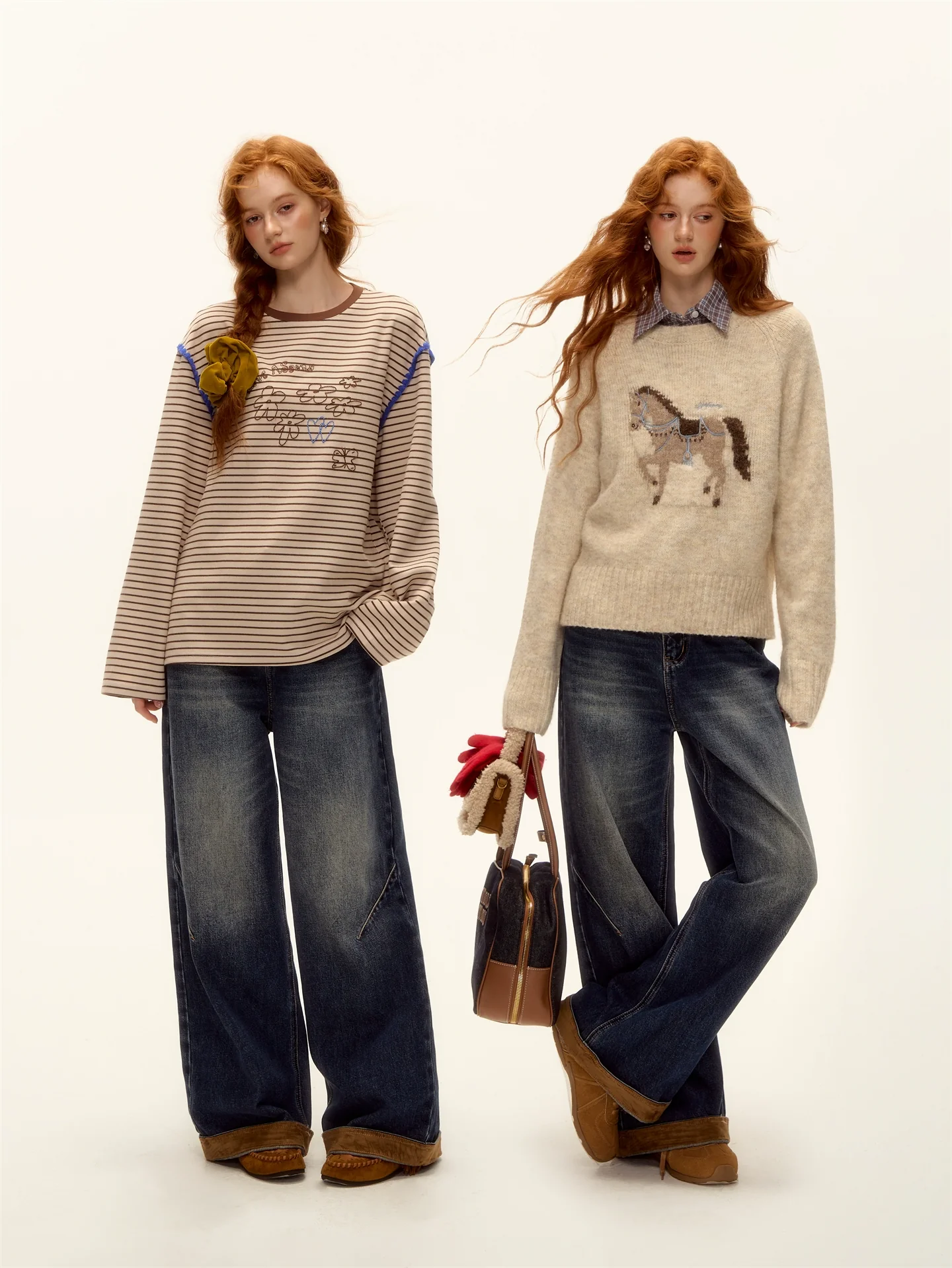 Suede-Panel Washed Denim Wide-Leg Jeans