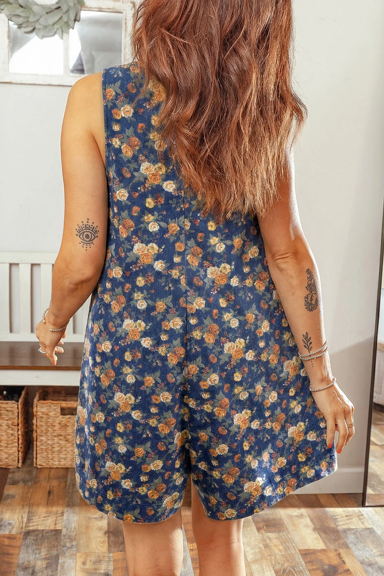 Blue Retro Floral Print Bow Tie Pleated Loose Denim Romper