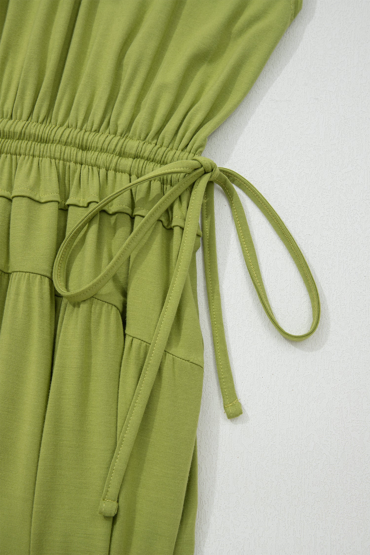 Solid V Neck Cap Sleeve Tunic Elastic Waist Versatile Maxi Dress