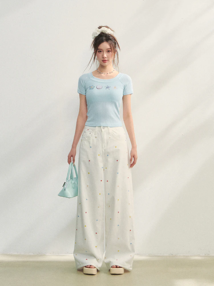 Crew Neck Printed Backless Embroidered T-Shirt