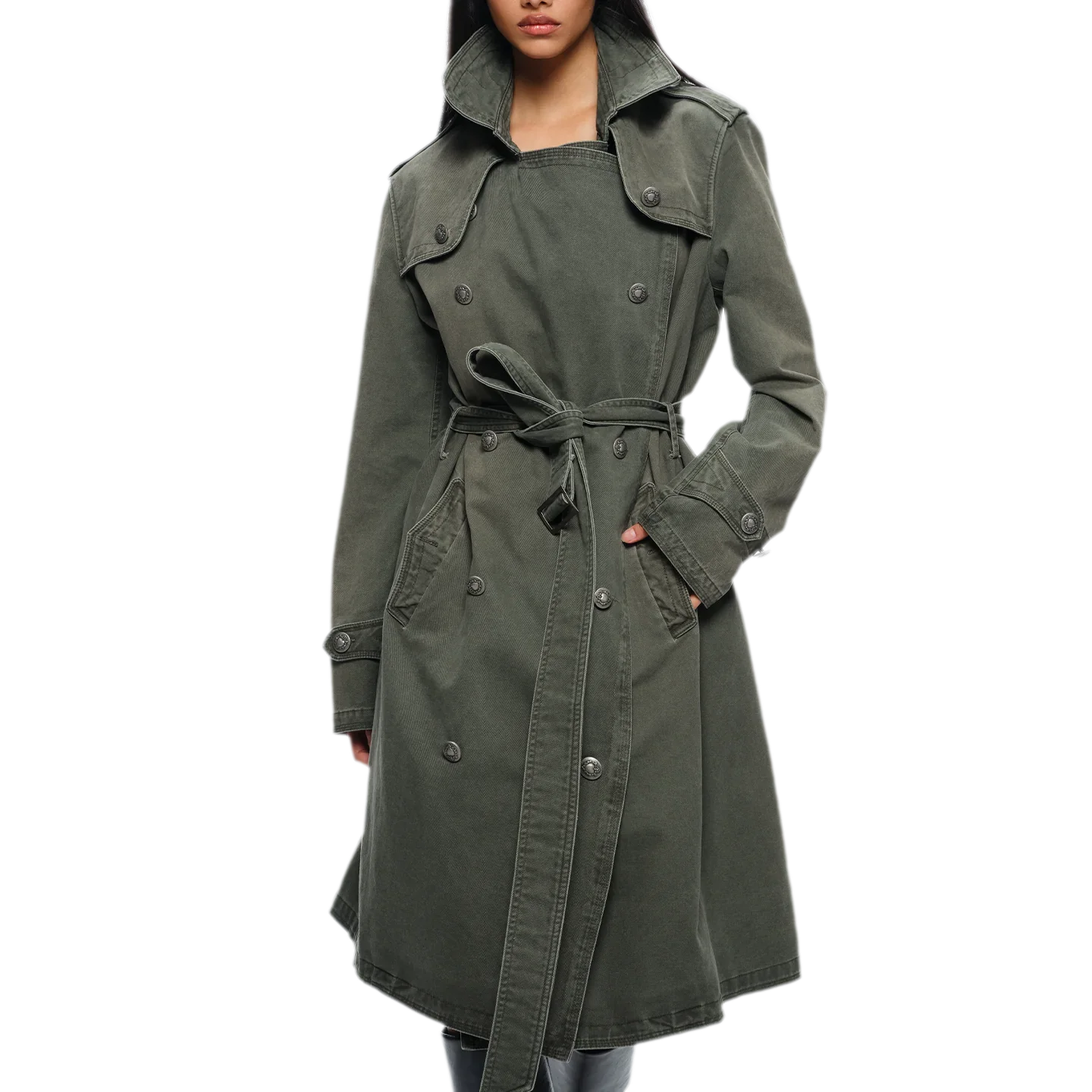Washed Military Green Trench Coat