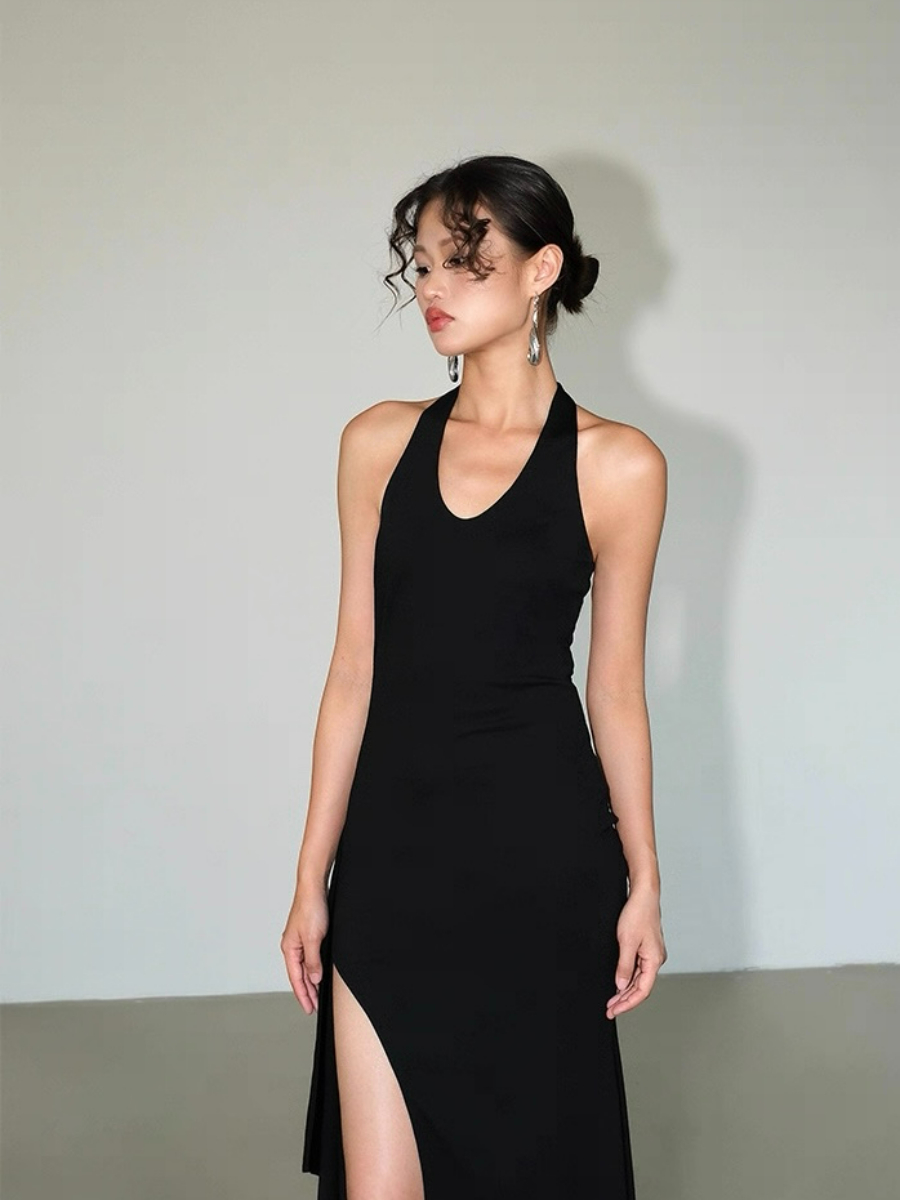 Alicia V-Neck High Slit Halter Tie Knit Dress