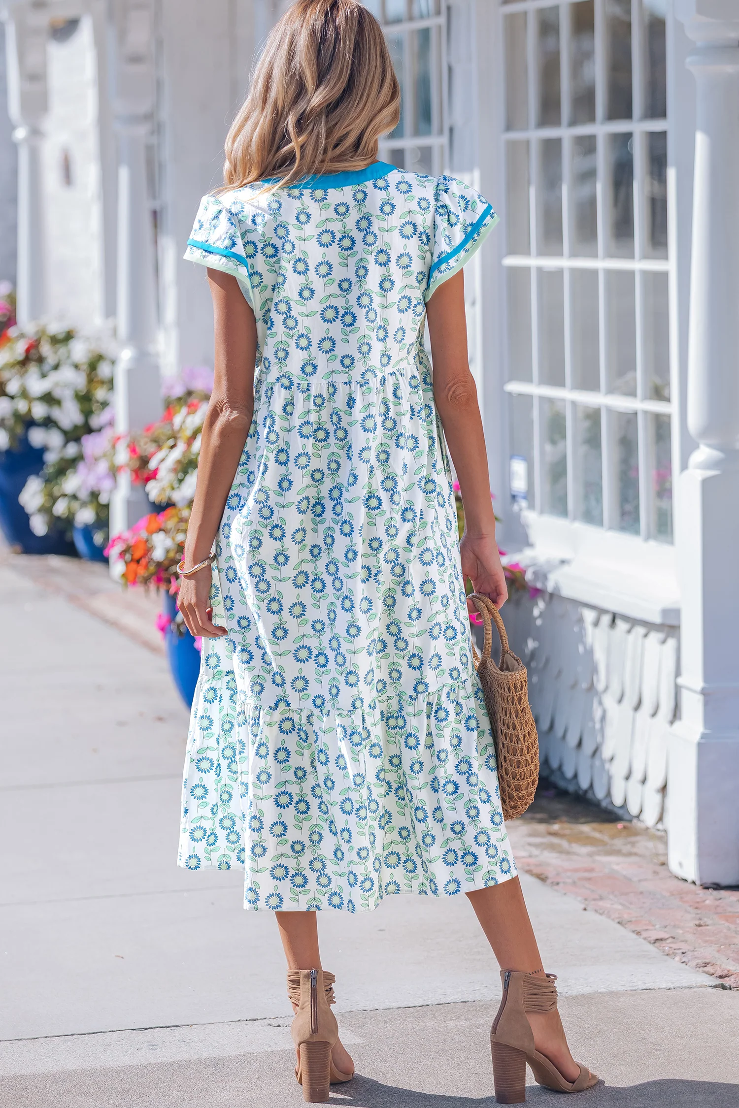 Sky Blue Cute Sunflower Printed Striped Long Dress