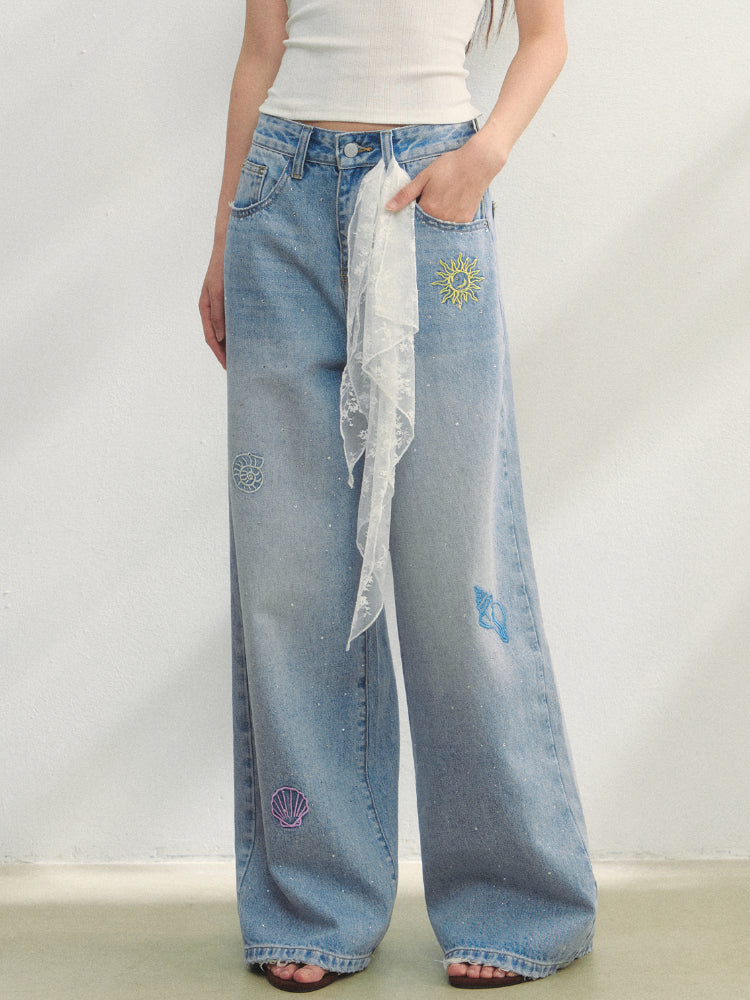 Embroidered Denim Wide-Leg Pants