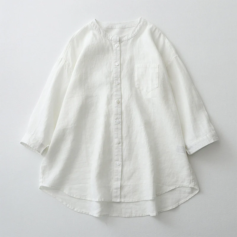 Summer Cotton Linen Stand Collar 3/4 Sleeves Shirt