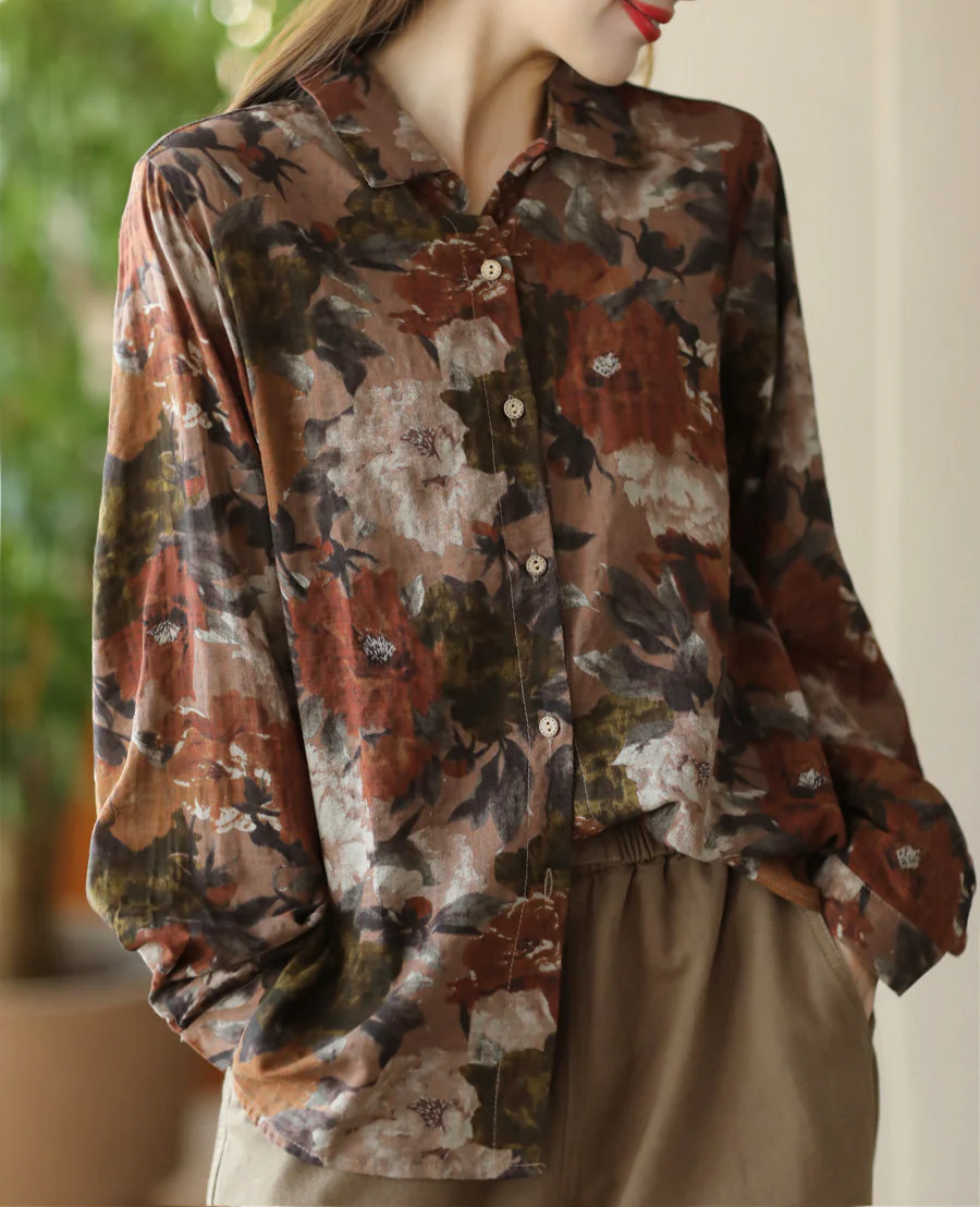 Floral Printed Loose Casual Long-Sleeved Cotton Linen Shirt