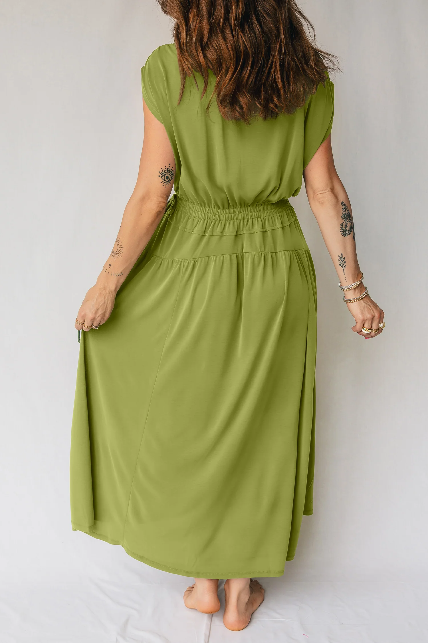 Solid V Neck Cap Sleeve Tunic Elastic Waist Versatile Maxi Dress