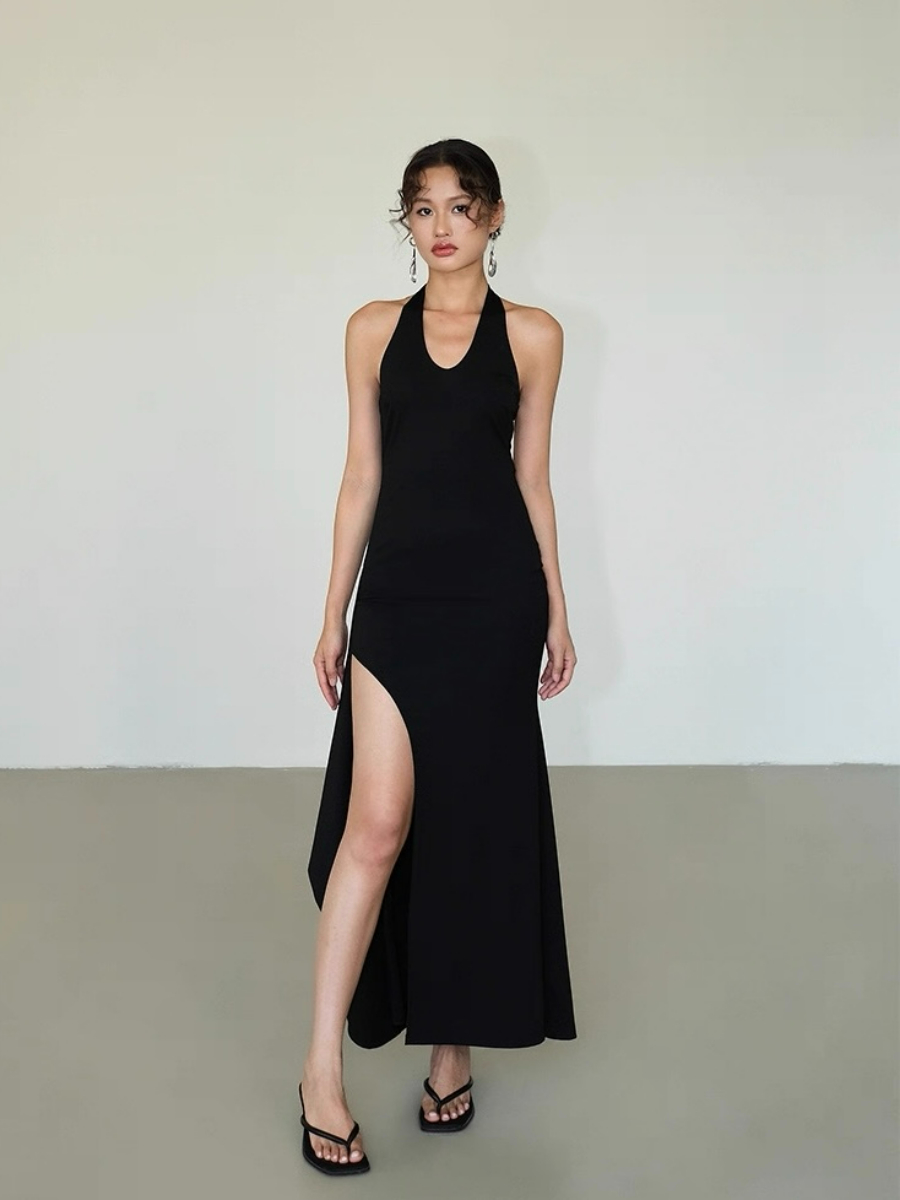 Alicia V-Neck High Slit Halter Tie Knit Dress