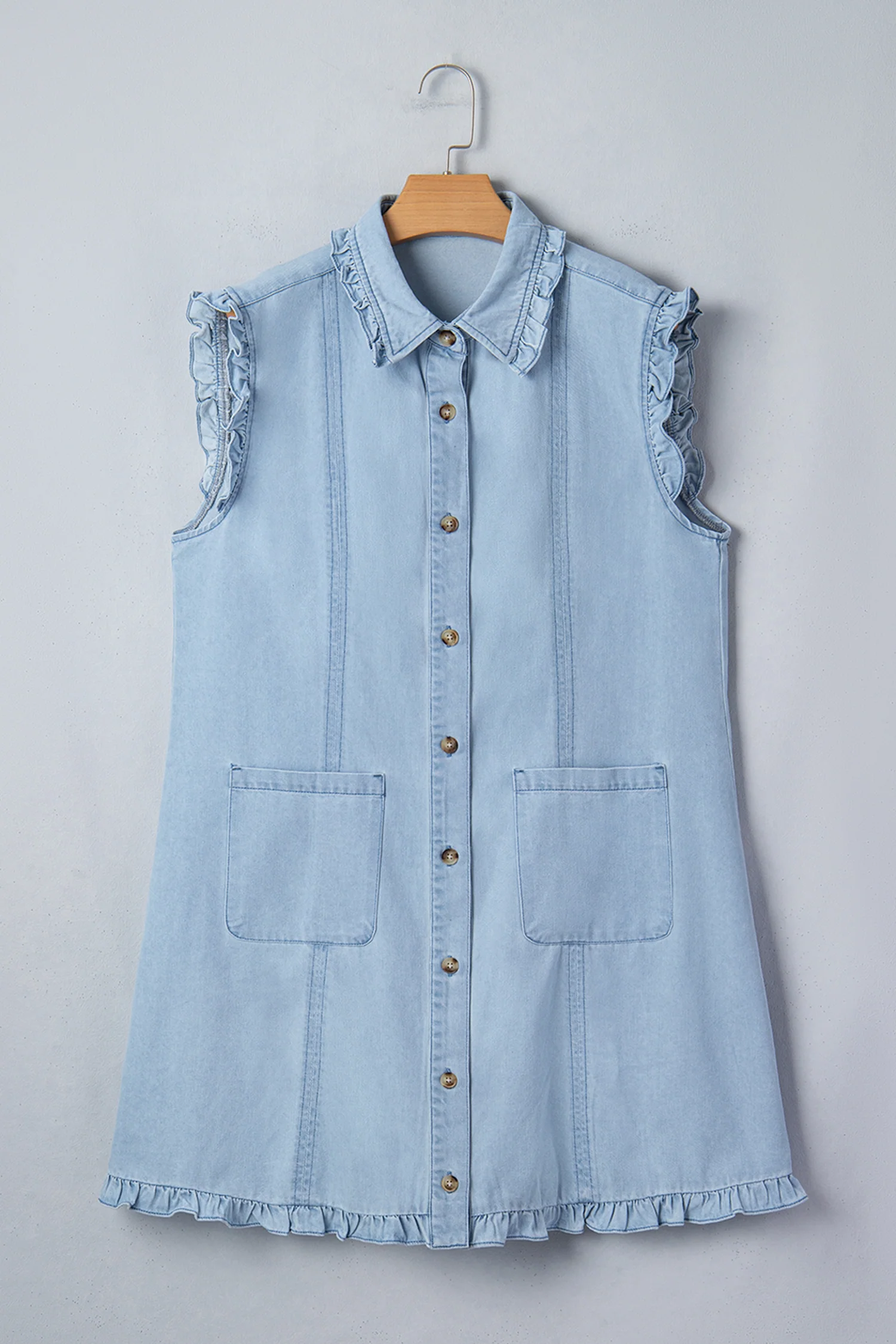Chic Beau Blue Ruffled Edge Collared Shift Denim Dress with Pockets